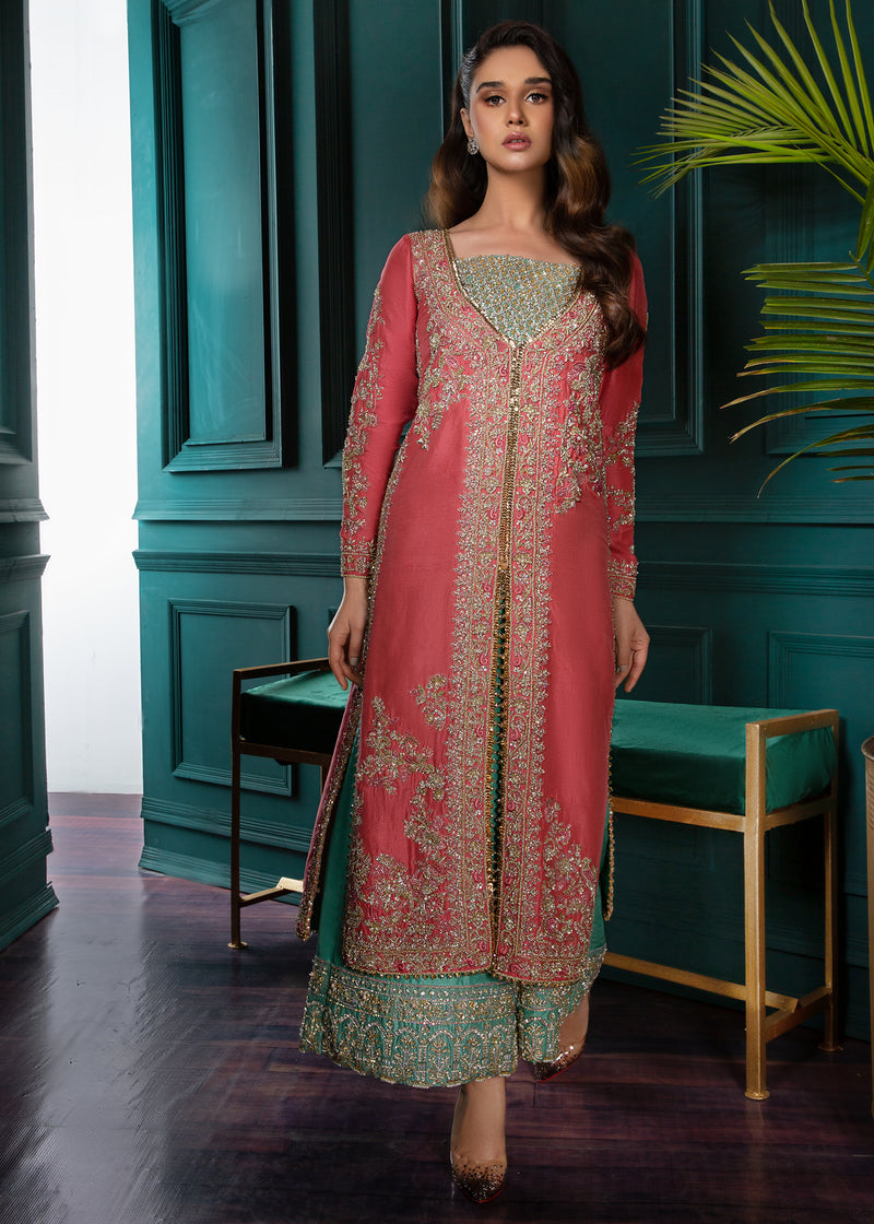 Coral and Teal Embroidered Silk Jacket Set (2-Piece) - Image 1
