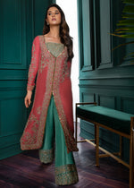 Coral and Teal Embroidered Silk Jacket Set (2-Piece) - Image 3