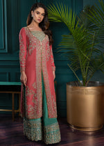 Coral and Teal Embroidered Silk Jacket Set (2-Piece) - Image 5