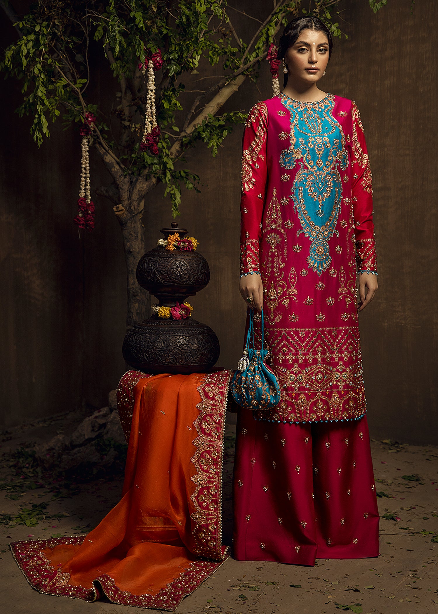 Fuchsia Pink Hand-Embellished Silk Salwar Kameez (3-Piece) - Image 1