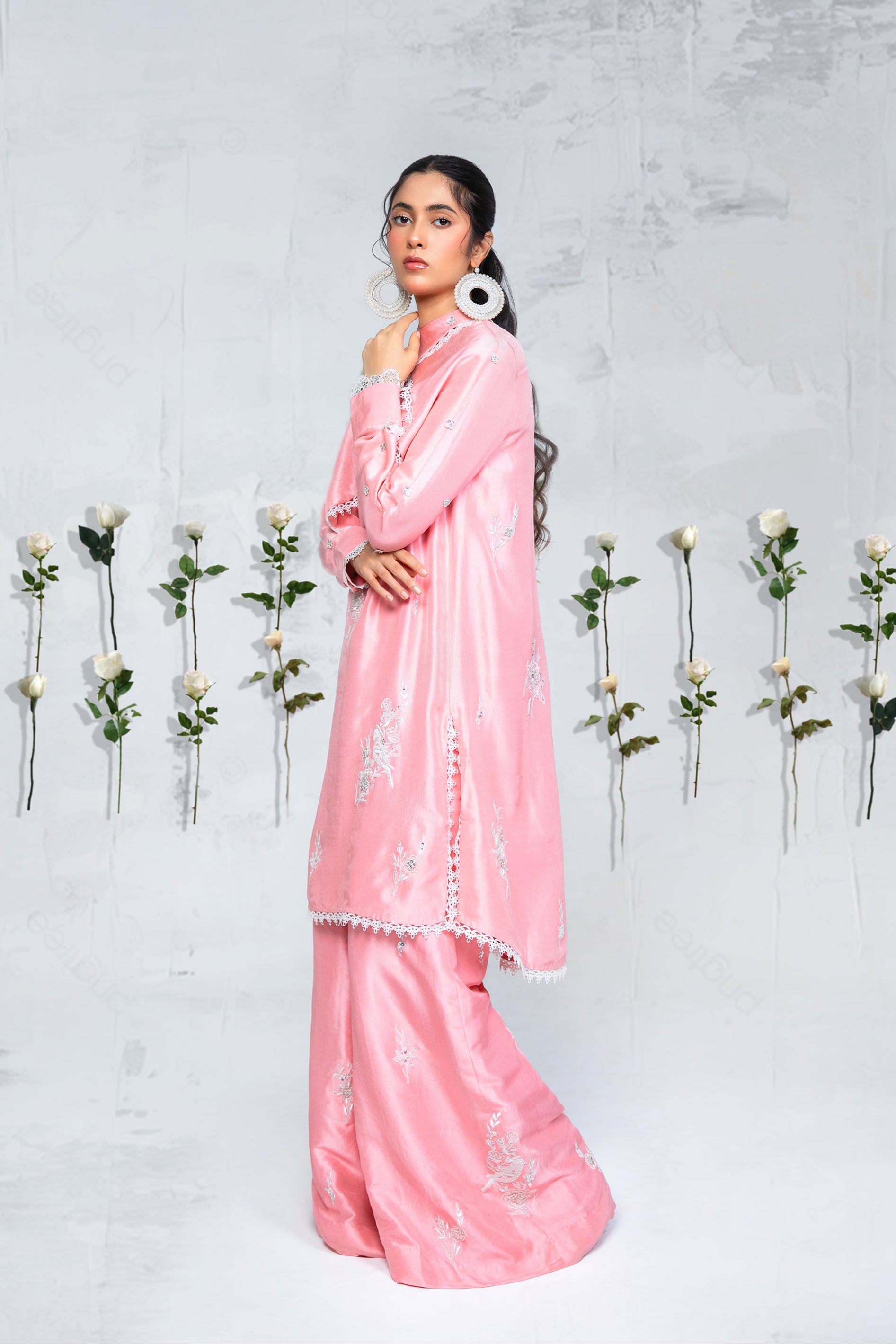 Marshmallow Pink Embroidered Silk Salwar Kameez (2-Piece) - Image 2
