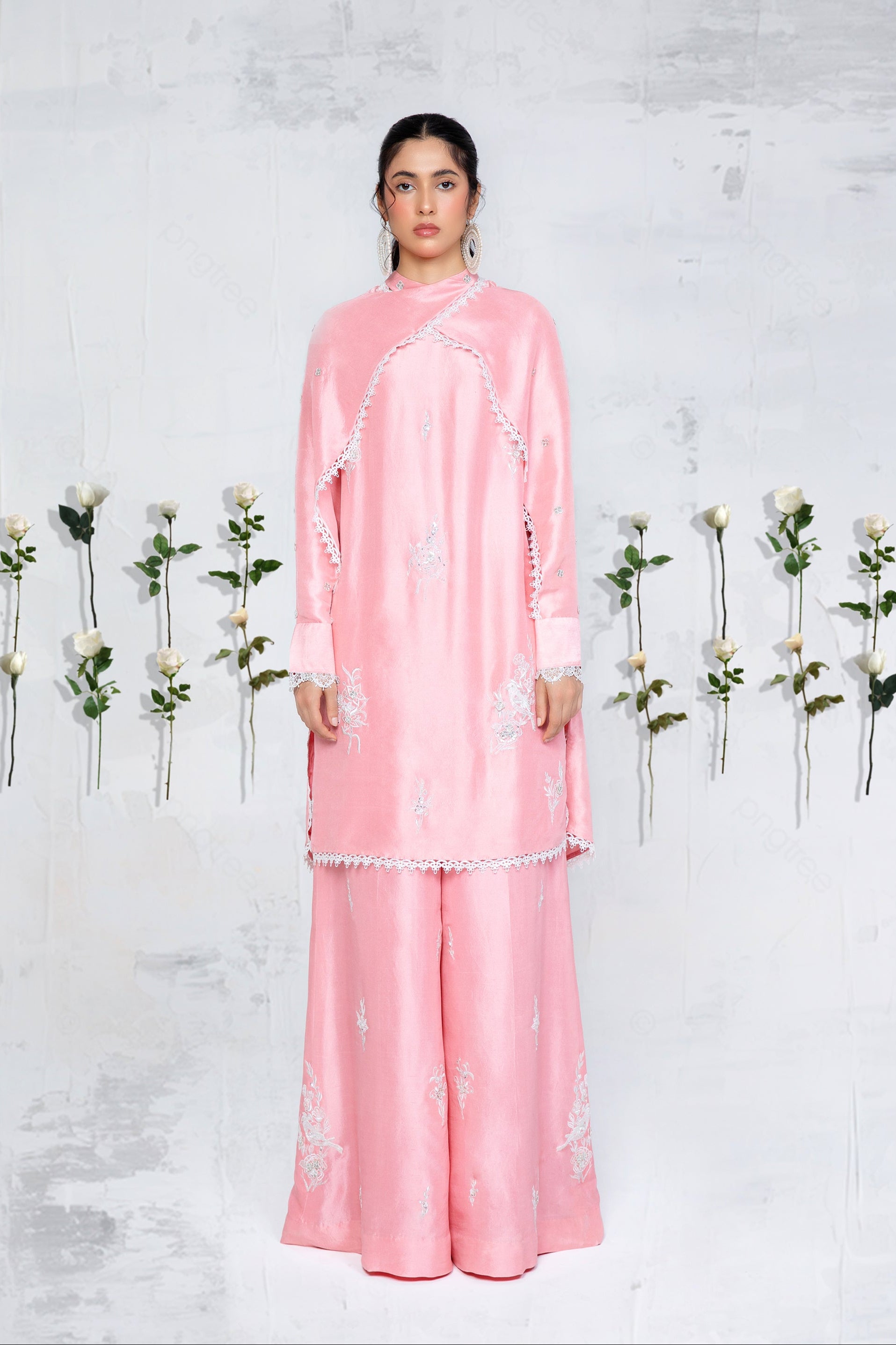 Marshmallow Pink Embroidered Silk Salwar Kameez (2-Piece) - Image 3