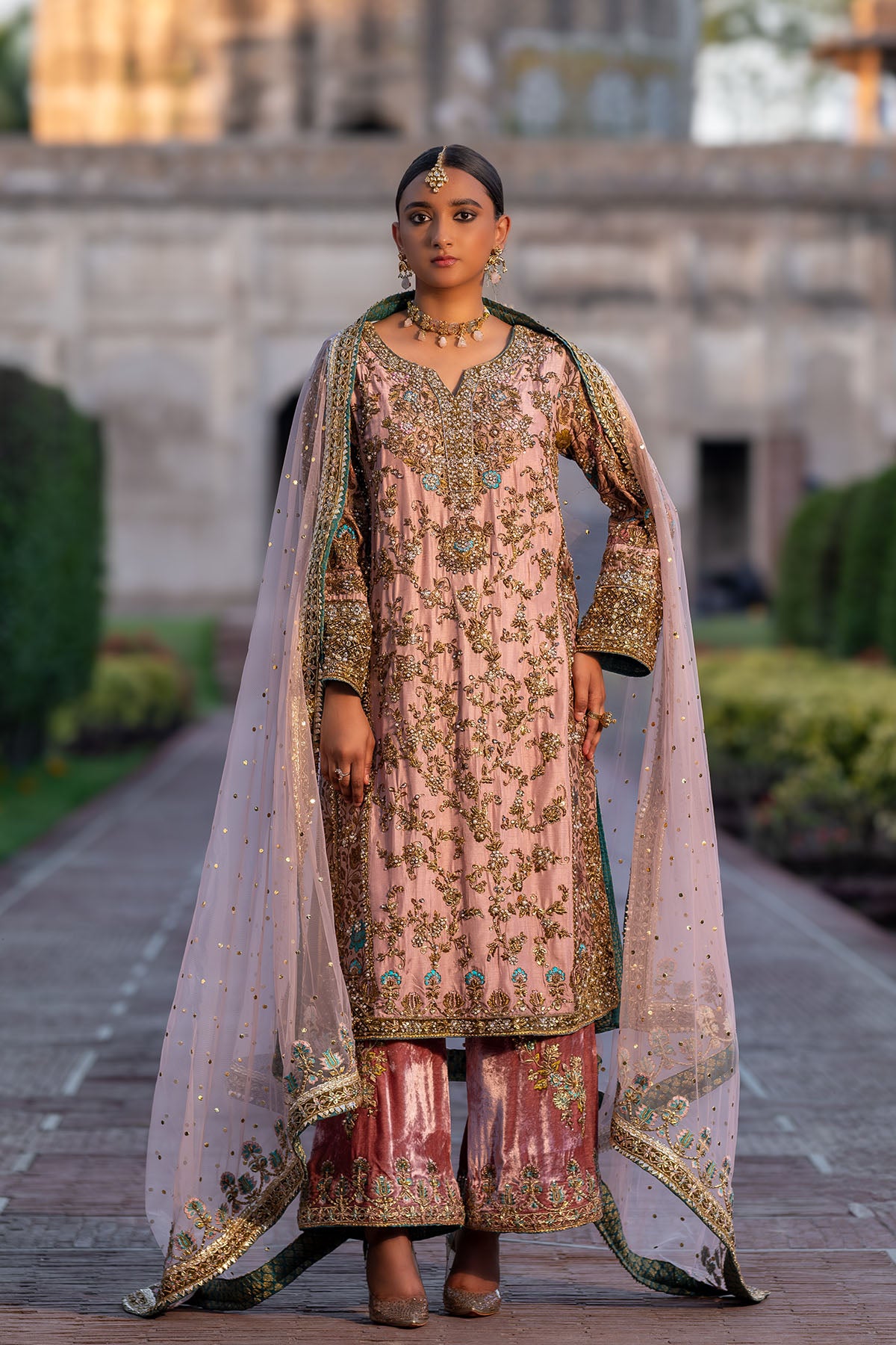 Pakistani Tea Pink Embellished Silk Jamawar Salwar Kameez (3-Piece) - Image 1