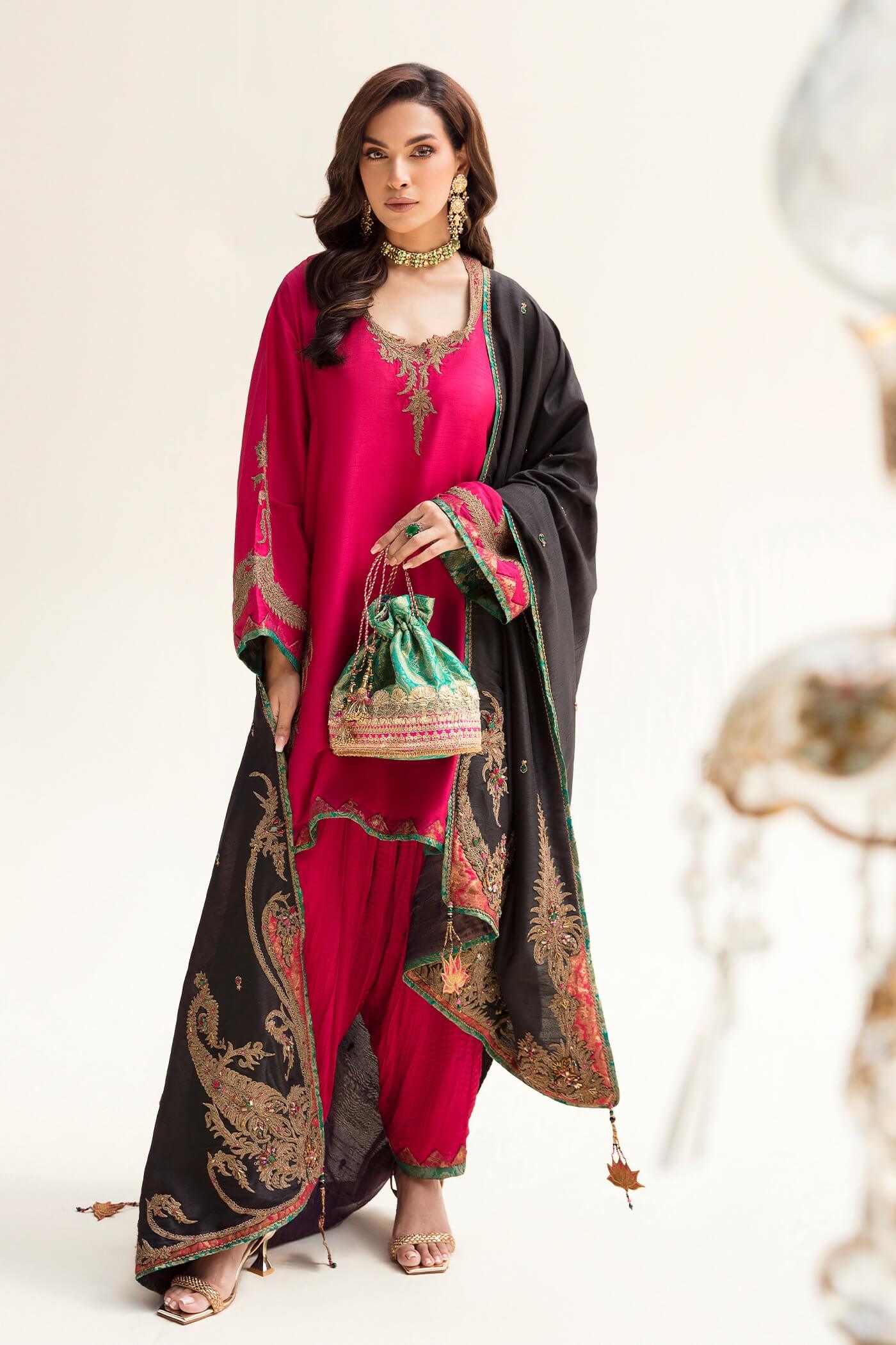 Fuchsia & Black Maroori Embroidered Silk Kurta Set (3-Piece) - Image 1