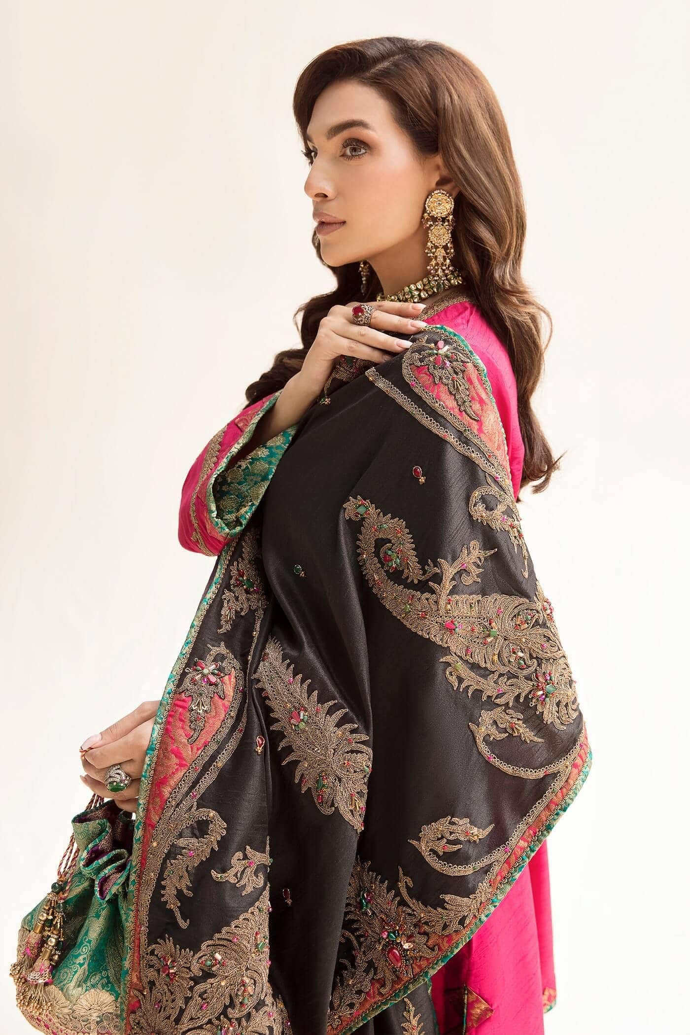 Fuchsia & Black Maroori Embroidered Silk Kurta Set (3-Piece) - Image 2