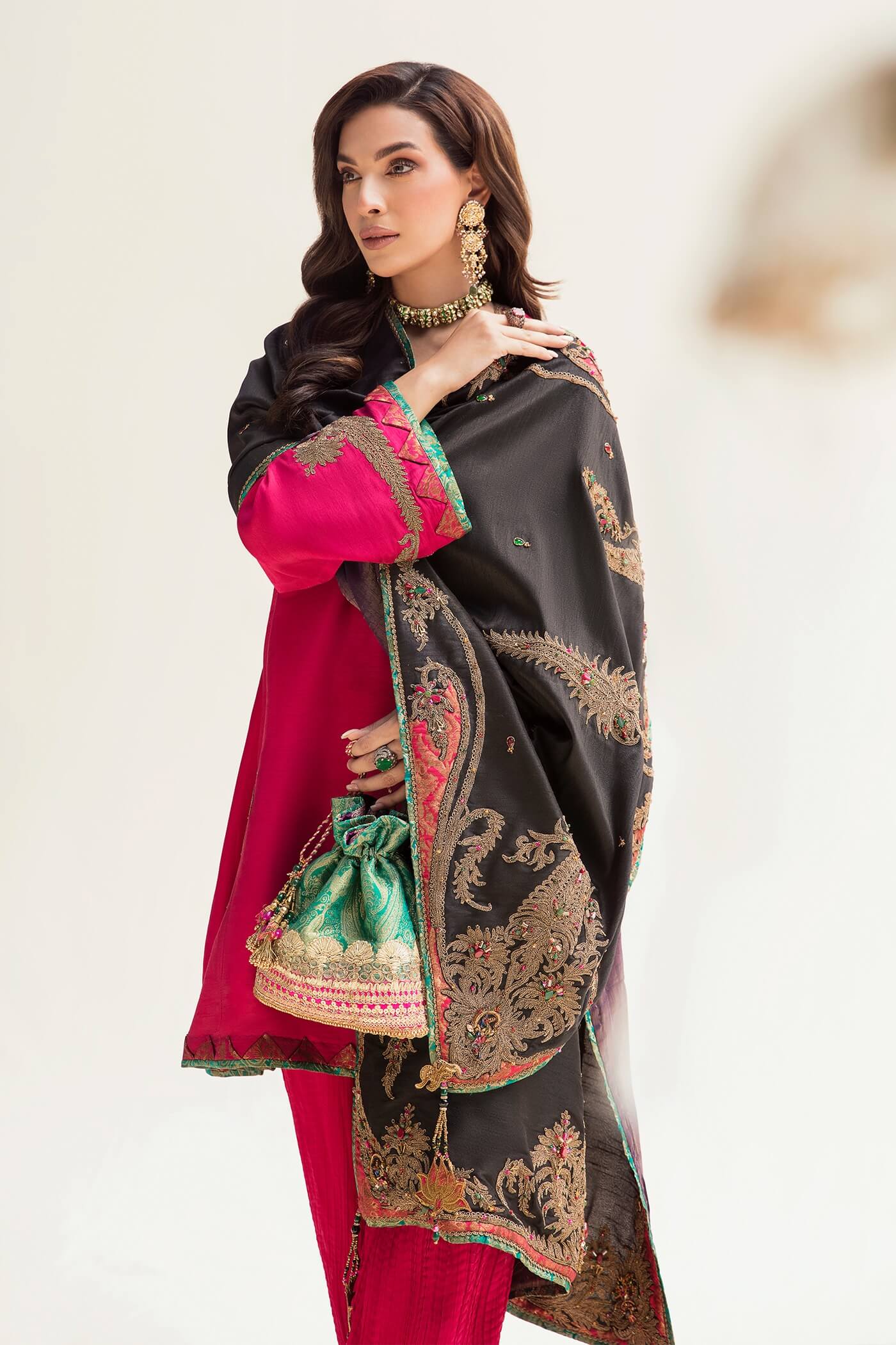 Fuchsia & Black Maroori Embroidered Silk Kurta Set (3-Piece) - Image 3