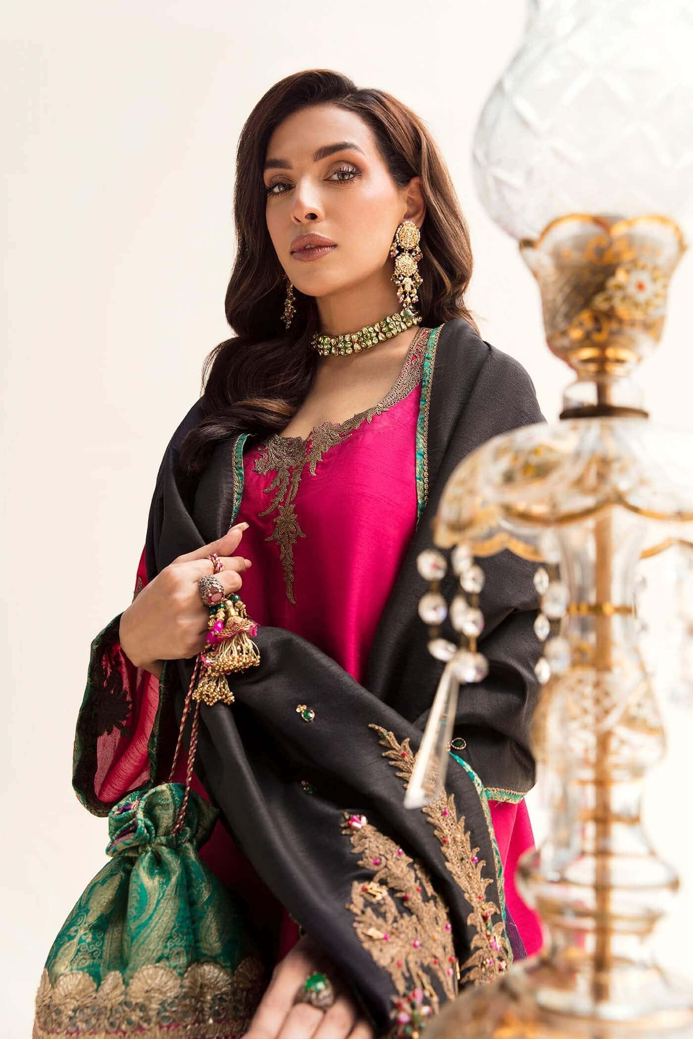 Fuchsia & Black Maroori Embroidered Silk Kurta Set (3-Piece) - Image 4