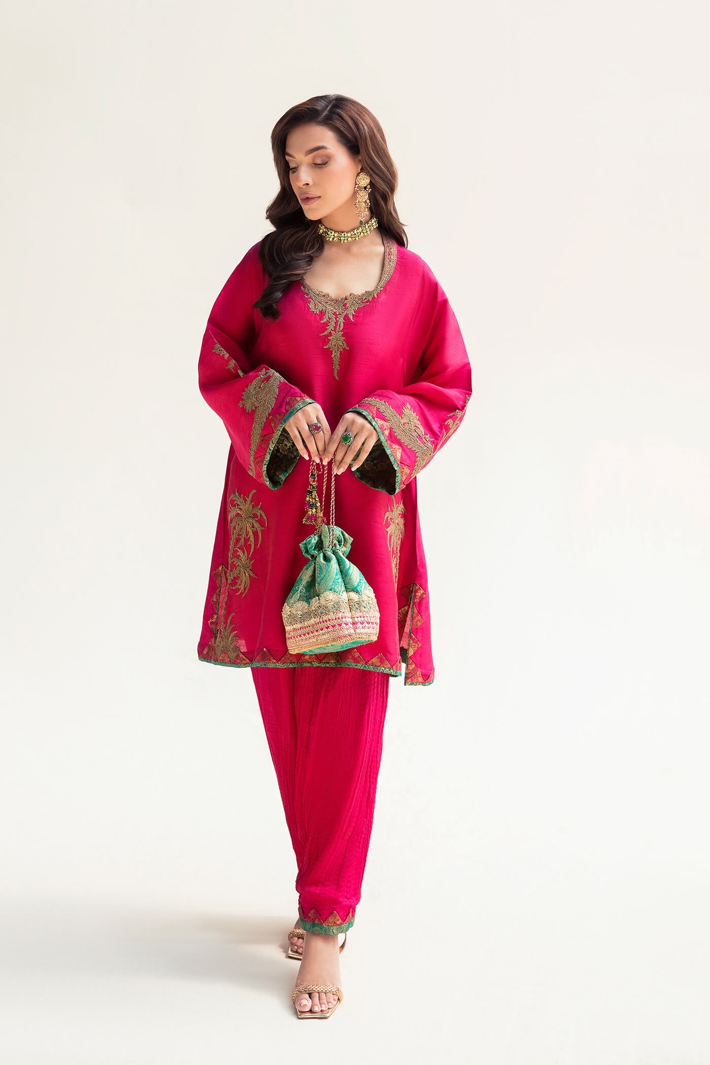 Fuchsia & Black Maroori Embroidered Silk Kurta Set (3-Piece) - Image 5