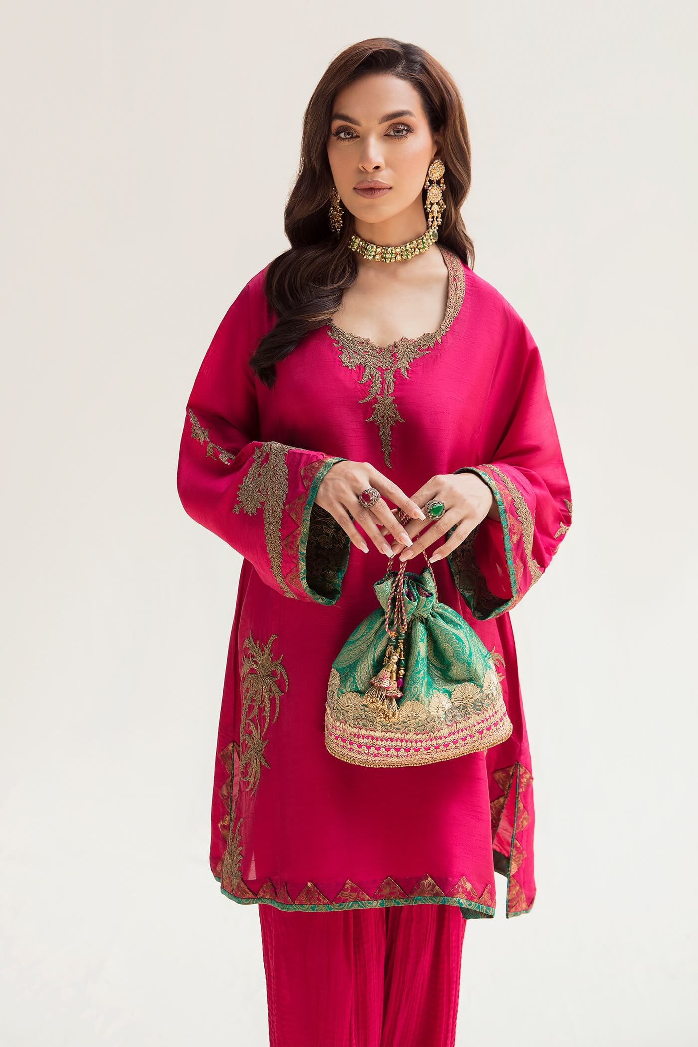 Fuchsia & Black Maroori Embroidered Silk Kurta Set (3-Piece) - Image 6