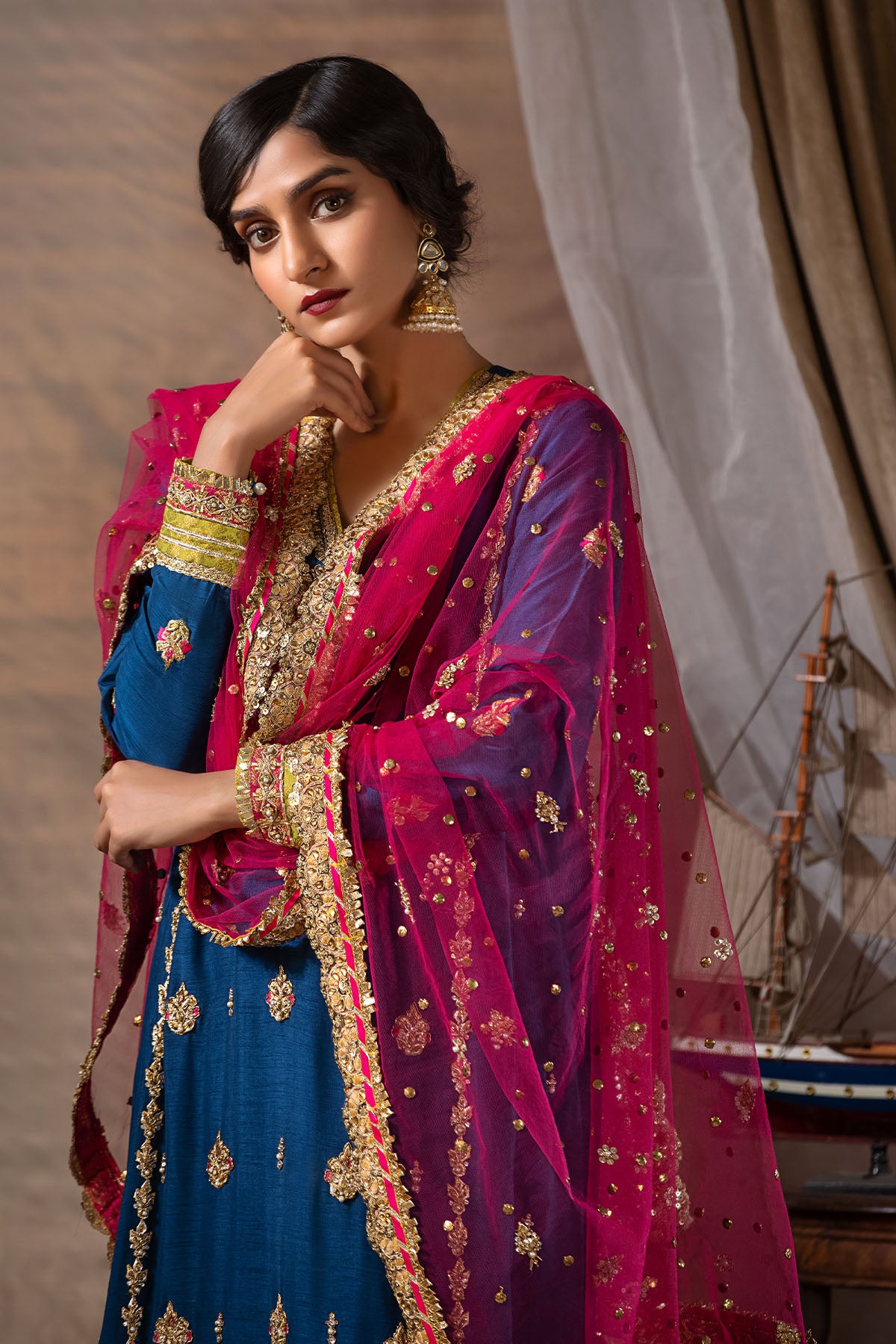 Pakistani Hot Pink Mukesh Net Hand-Embellished Dupatta (1-Pc) - Image 1