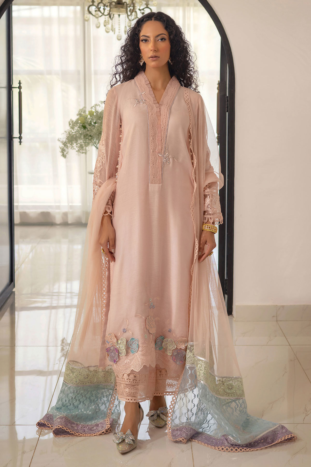 Pakistani Blush 3D Appliqué Silk Net Salwar Kameez (3-Piece) - Image 1