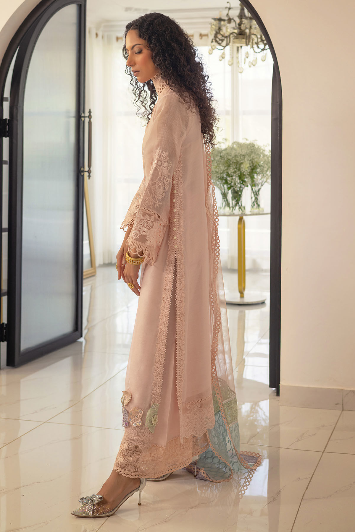 Pakistani Blush 3D Appliqué Silk Net Salwar Kameez (3-Piece) - Image 10