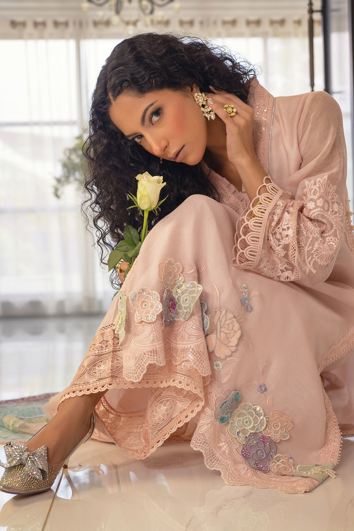 Pakistani Blush 3D Appliqué Silk Net Salwar Kameez (3-Piece) - Image 11