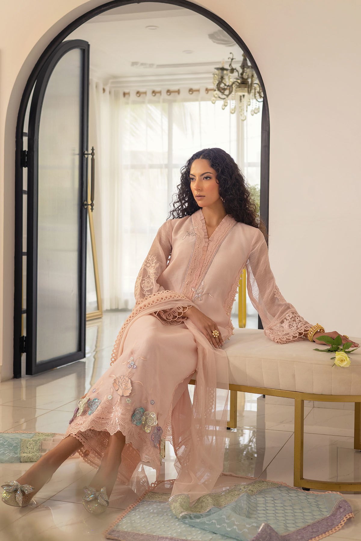 Pakistani Blush 3D Appliqué Silk Net Salwar Kameez (3-Piece) - Image 8