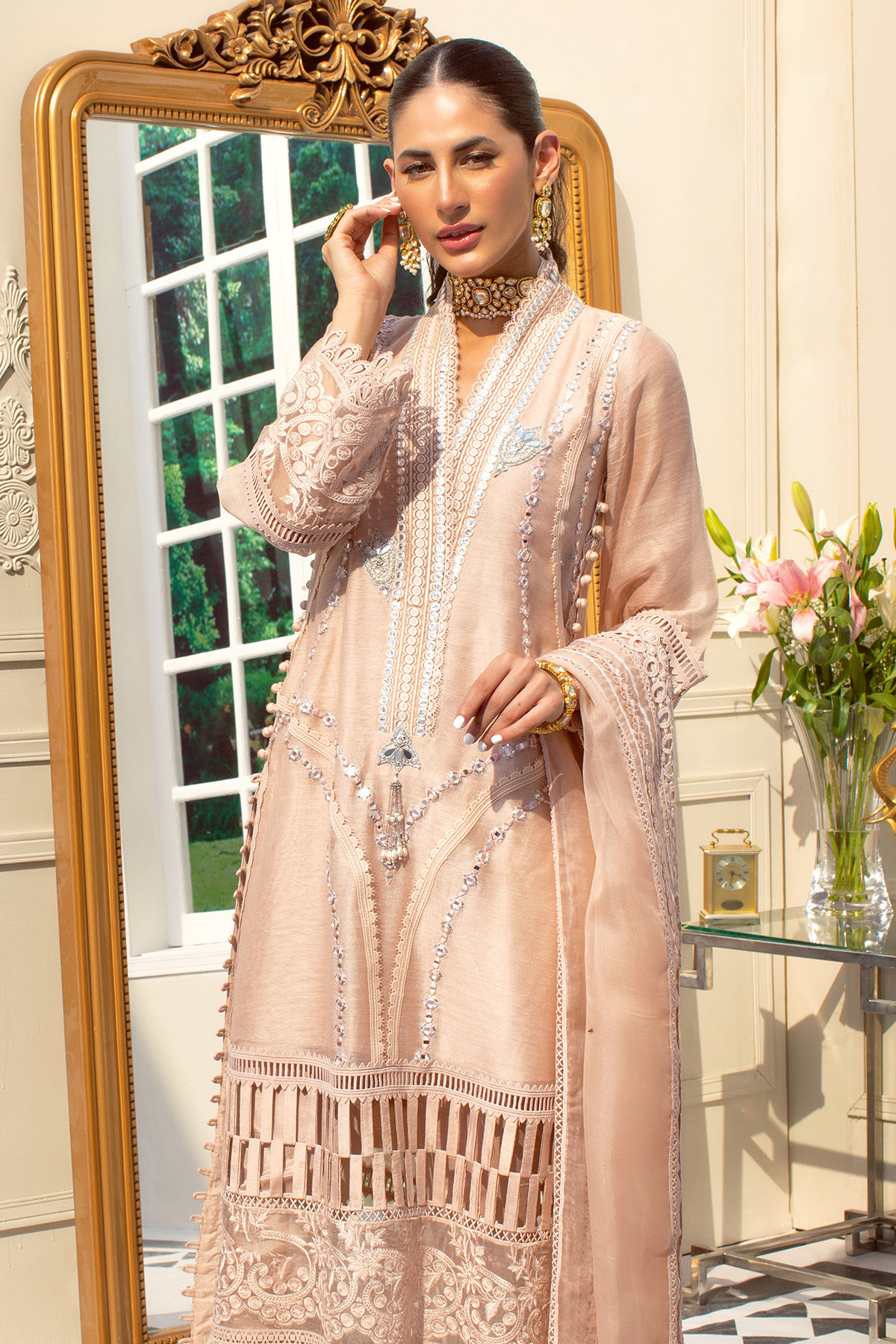 Salmon Mirror Embroidered Silk Net Salwar Kameez (3-Piece) - Image 3