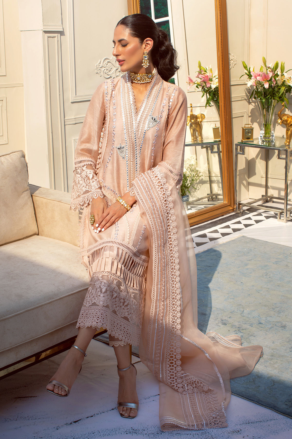 Salmon Mirror Embroidered Silk Net Salwar Kameez (3-Piece) - Image 4