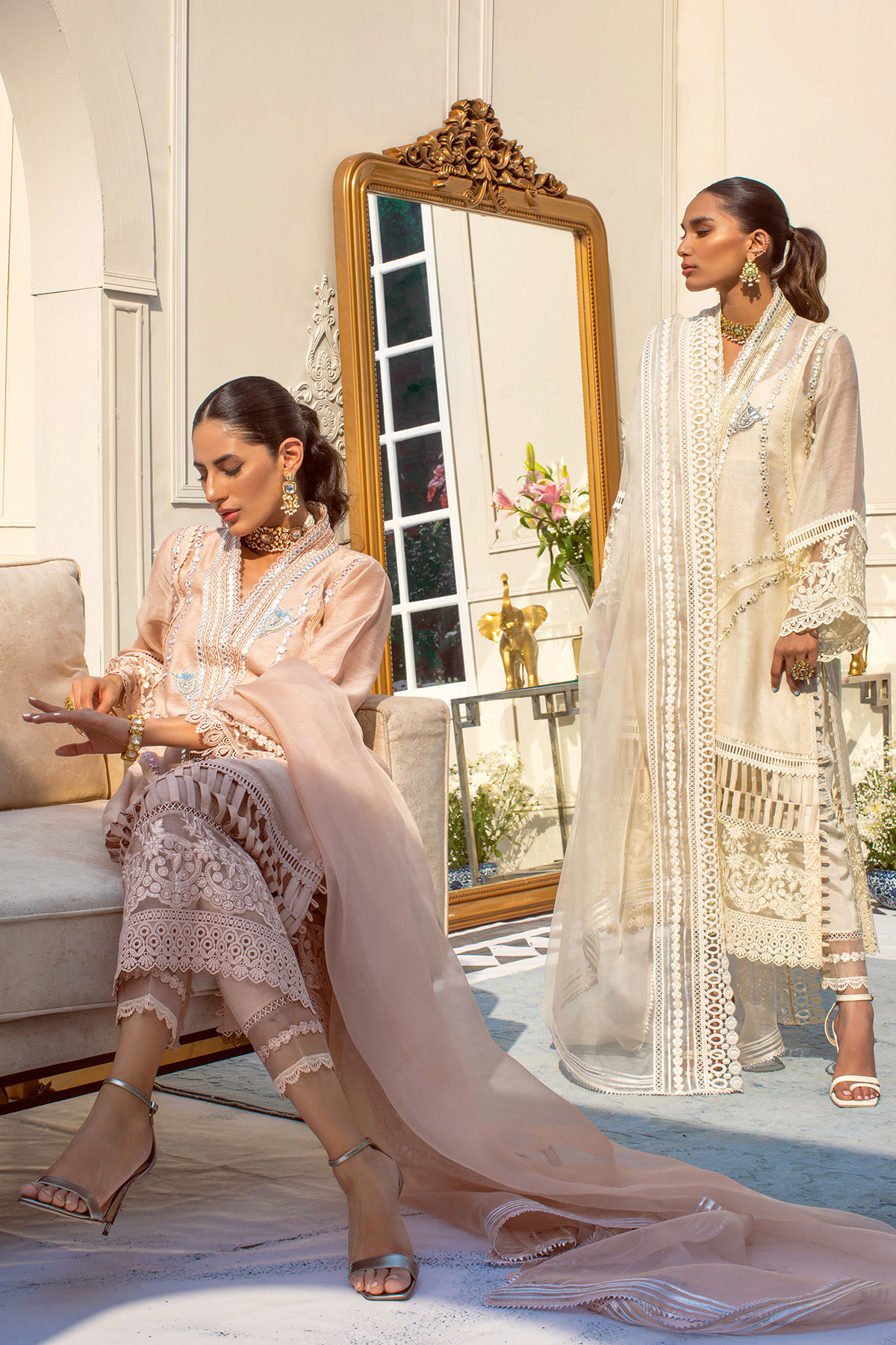 Salmon Mirror Embroidered Silk Net Salwar Kameez (3-Piece) - Image 5