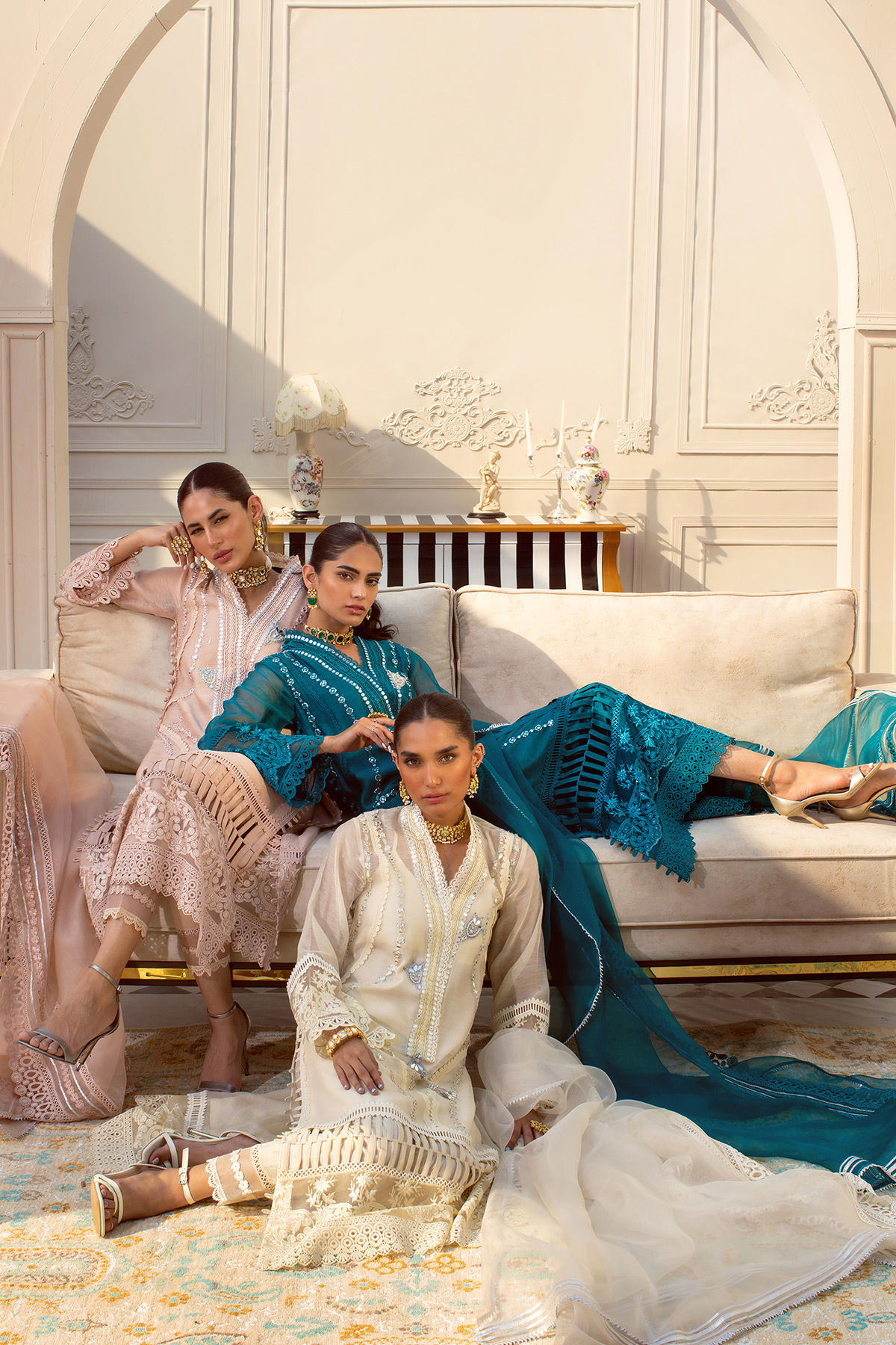 Salmon Mirror Embroidered Silk Net Salwar Kameez (3-Piece) - Image 6