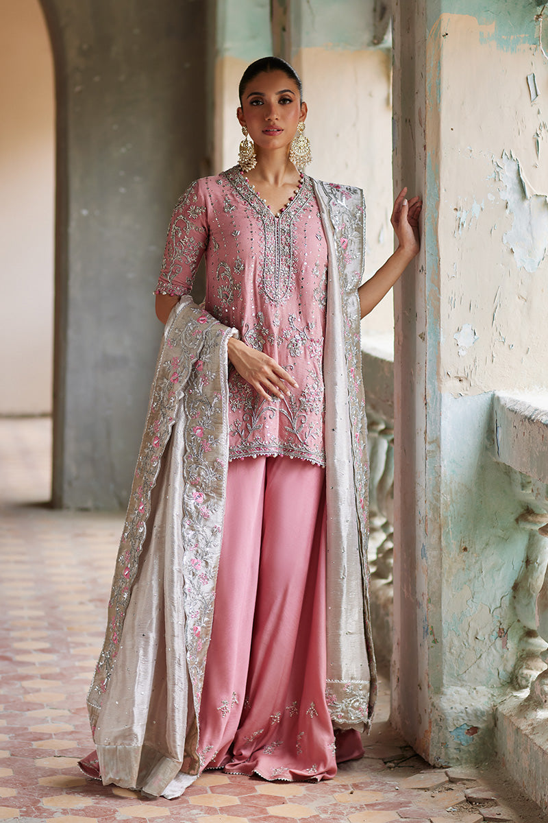 Baby Pink Embroidered Silk Net Salwar Kameez (3-Piece) - Image 1