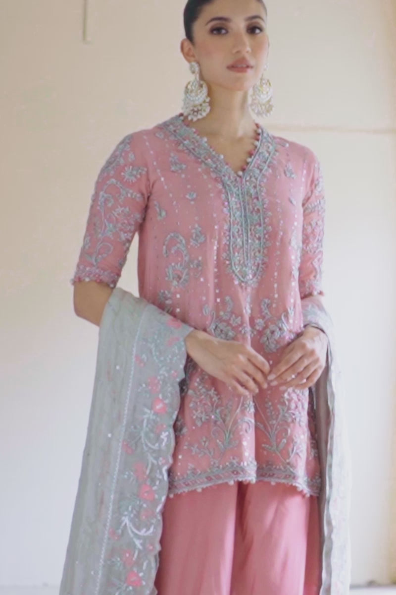 Baby Pink Embroidered Silk Net Salwar Kameez (3-Piece) - Image 5
