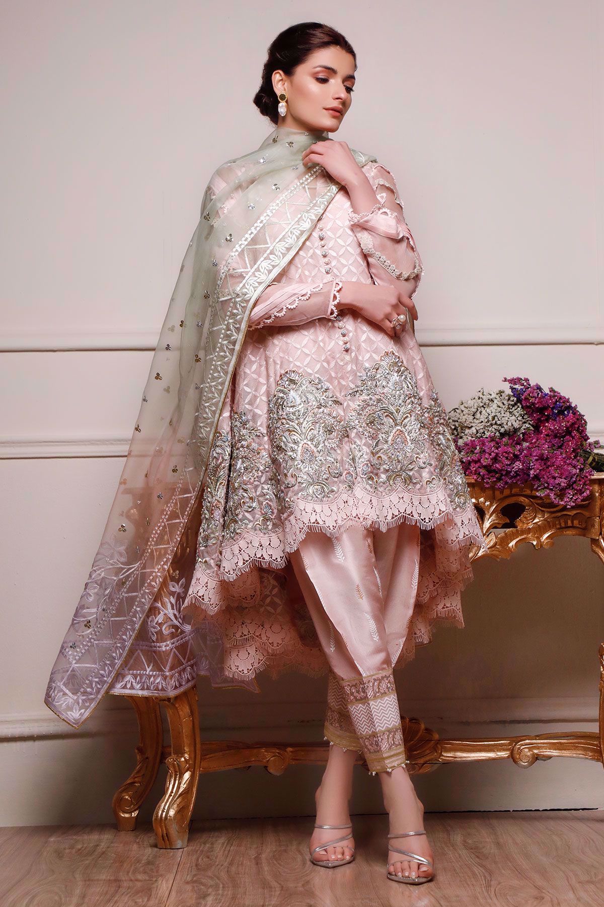 Pakistani Pastel Pink Embroidered Silk Net Salwar Kameez (3-Piece) - Image 1