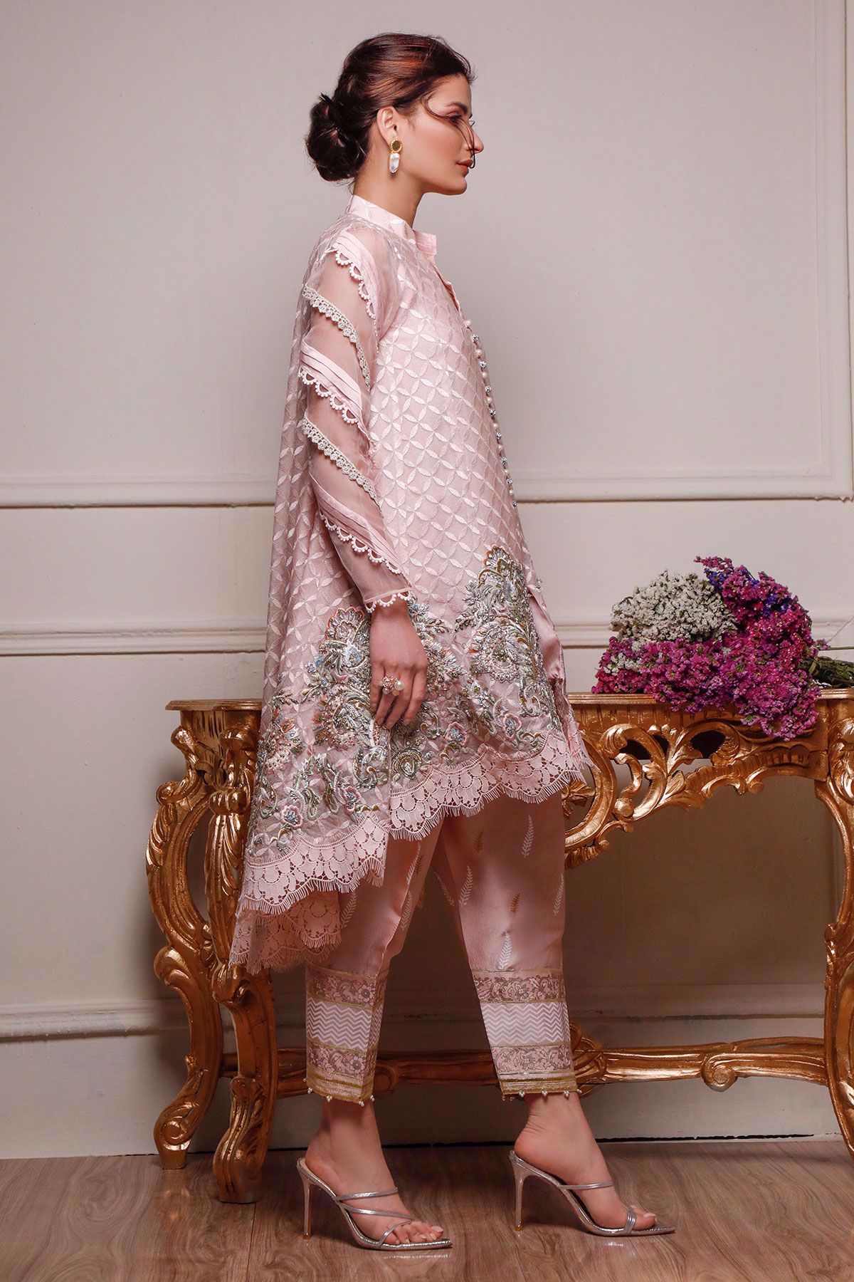 Pakistani Pastel Pink Embroidered Silk Net Salwar Kameez (3-Piece) - Image 10