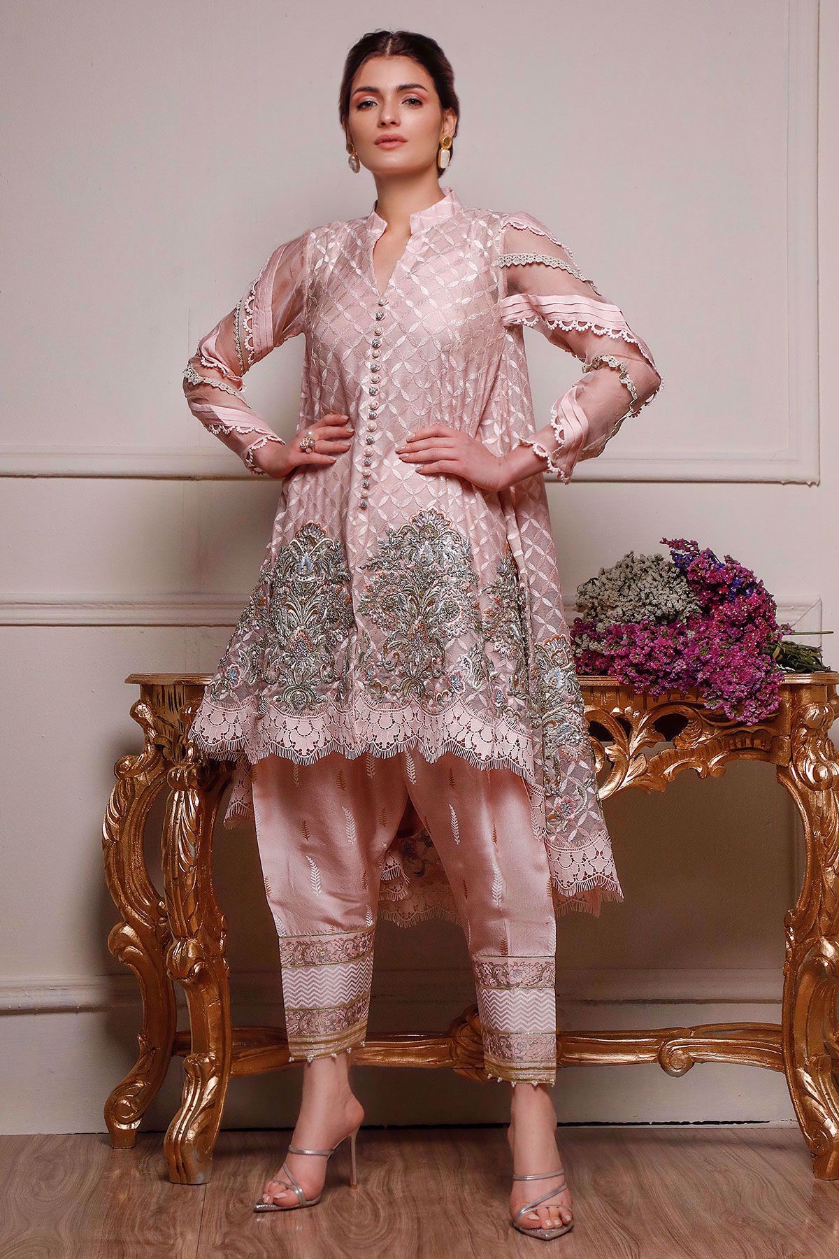 Pakistani Pastel Pink Embroidered Silk Net Salwar Kameez (3-Piece) - Image 11