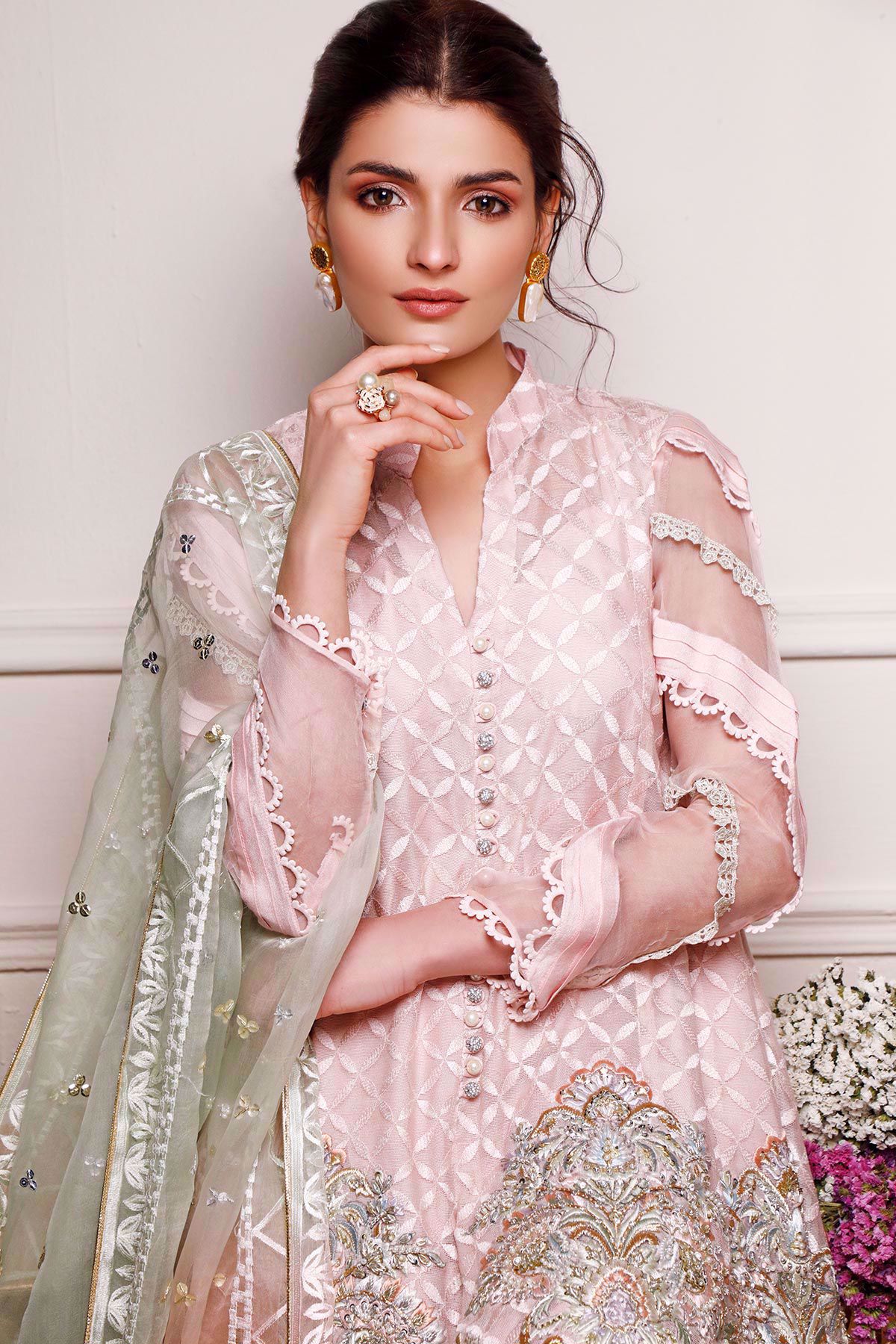 Pakistani Pastel Pink Embroidered Silk Net Salwar Kameez (3-Piece) - Image 12