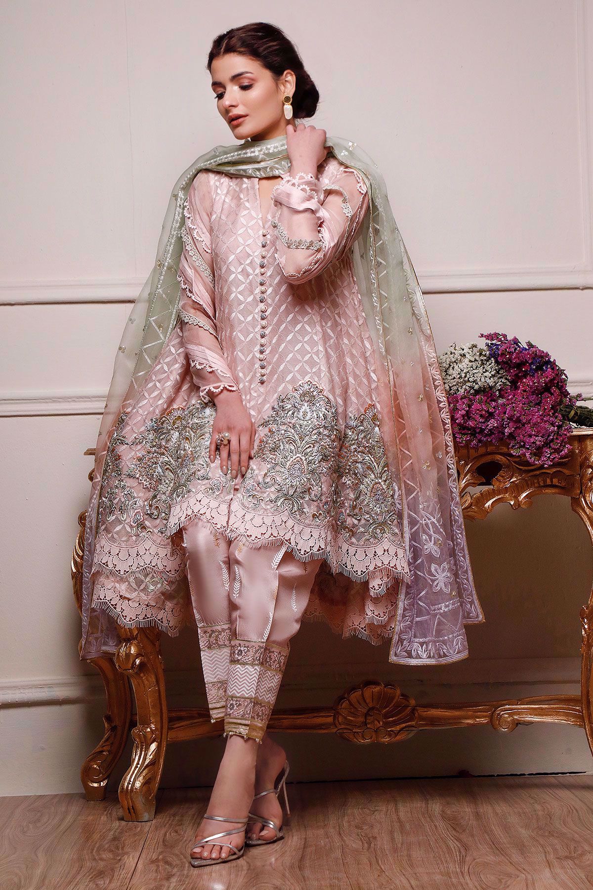 Pakistani Pastel Pink Embroidered Silk Net Salwar Kameez (3-Piece) - Image 8