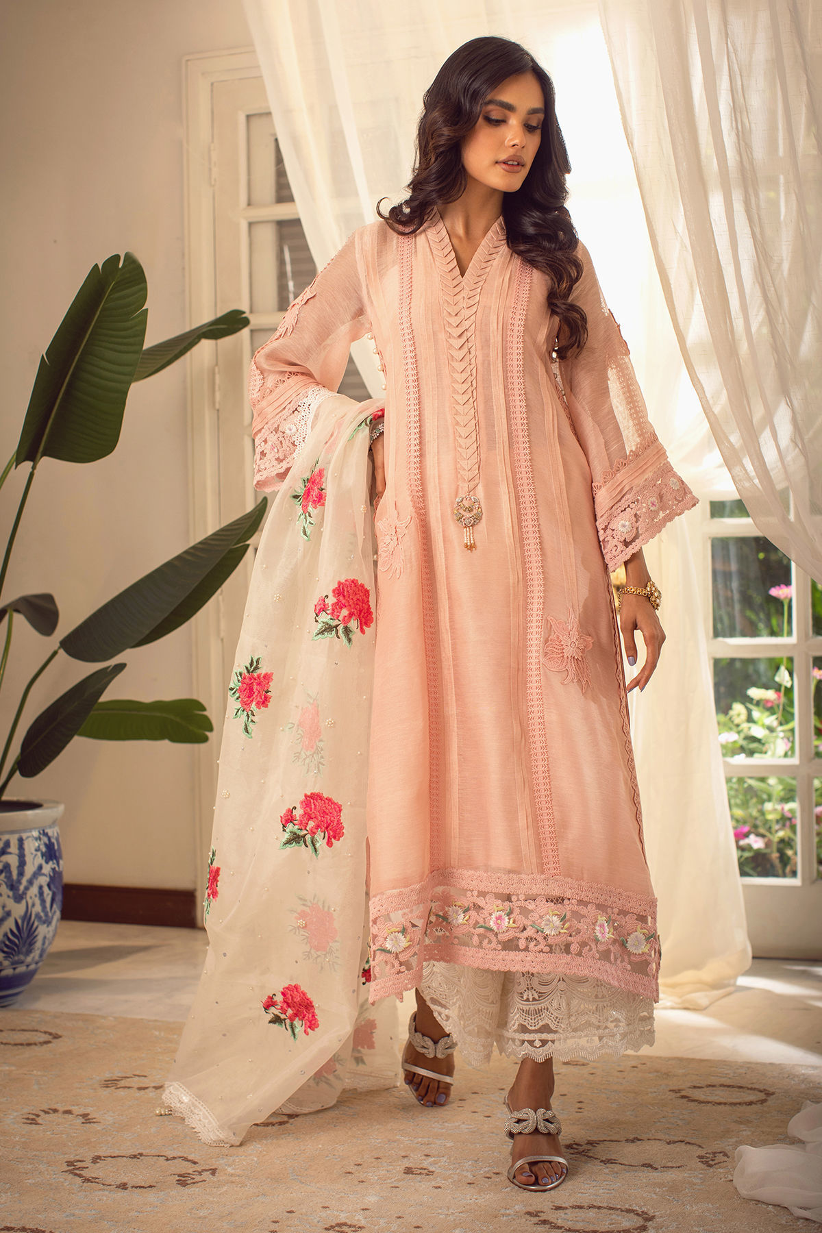 Pakistani Peach Embroidered Silk Net Salwar Kameez (3-Piece) - Image 1