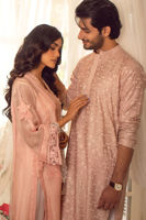 Pakistani Peach Embroidered Silk Net Salwar Kameez (3-Piece) - Image 6