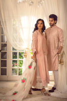 Pakistani Peach Embroidered Silk Net Salwar Kameez (3-Piece) - Image 7
