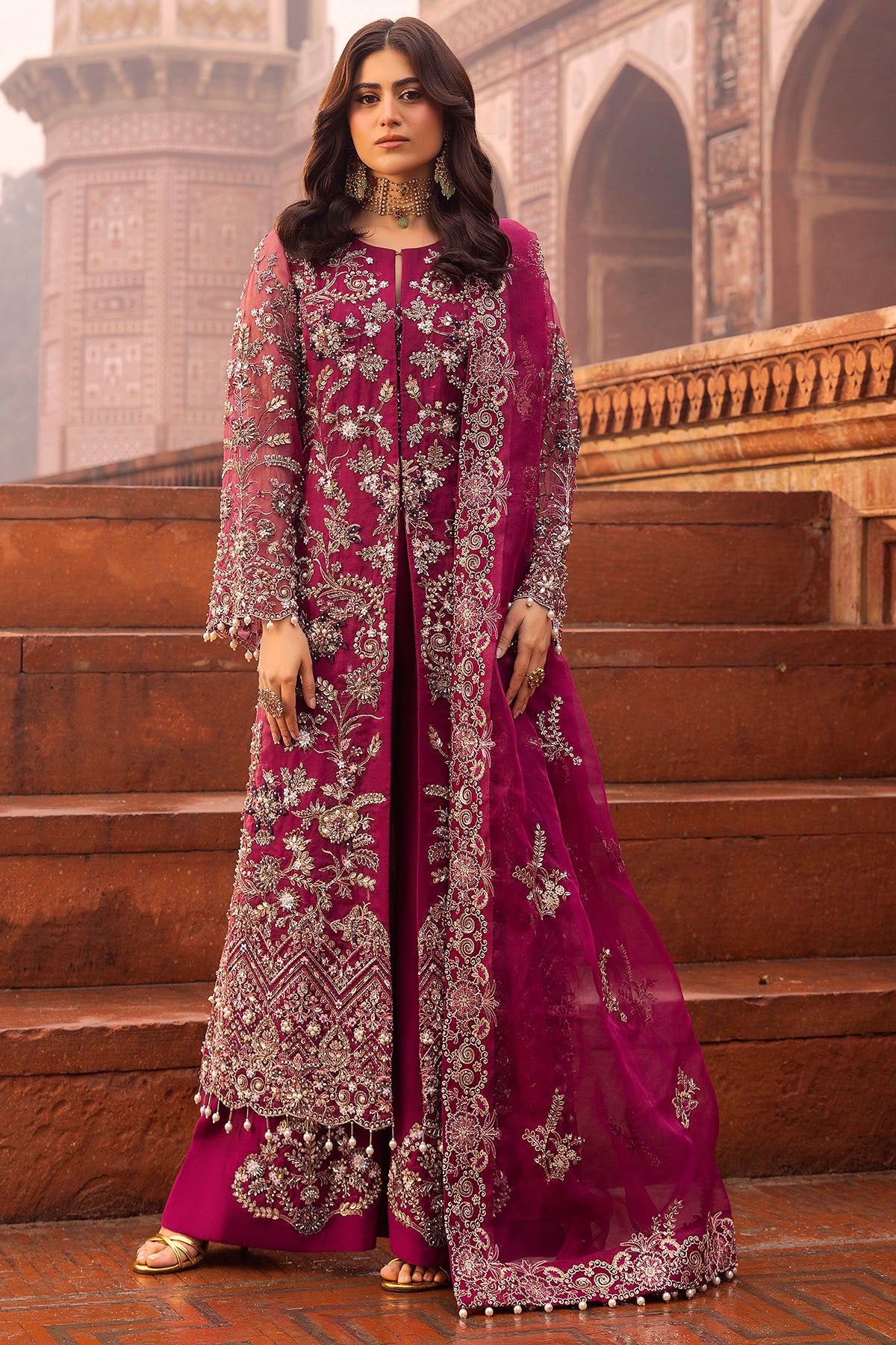 Fuchsia Pink Hand-Embellished Silk Organza Jacket (3-Piece) - Image 1