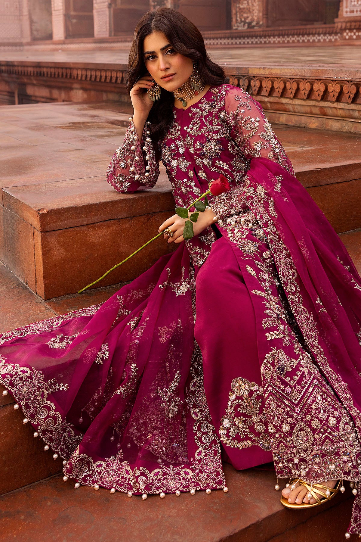 Fuchsia Pink Hand-Embellished Silk Organza Jacket (3-Piece) - Image 4