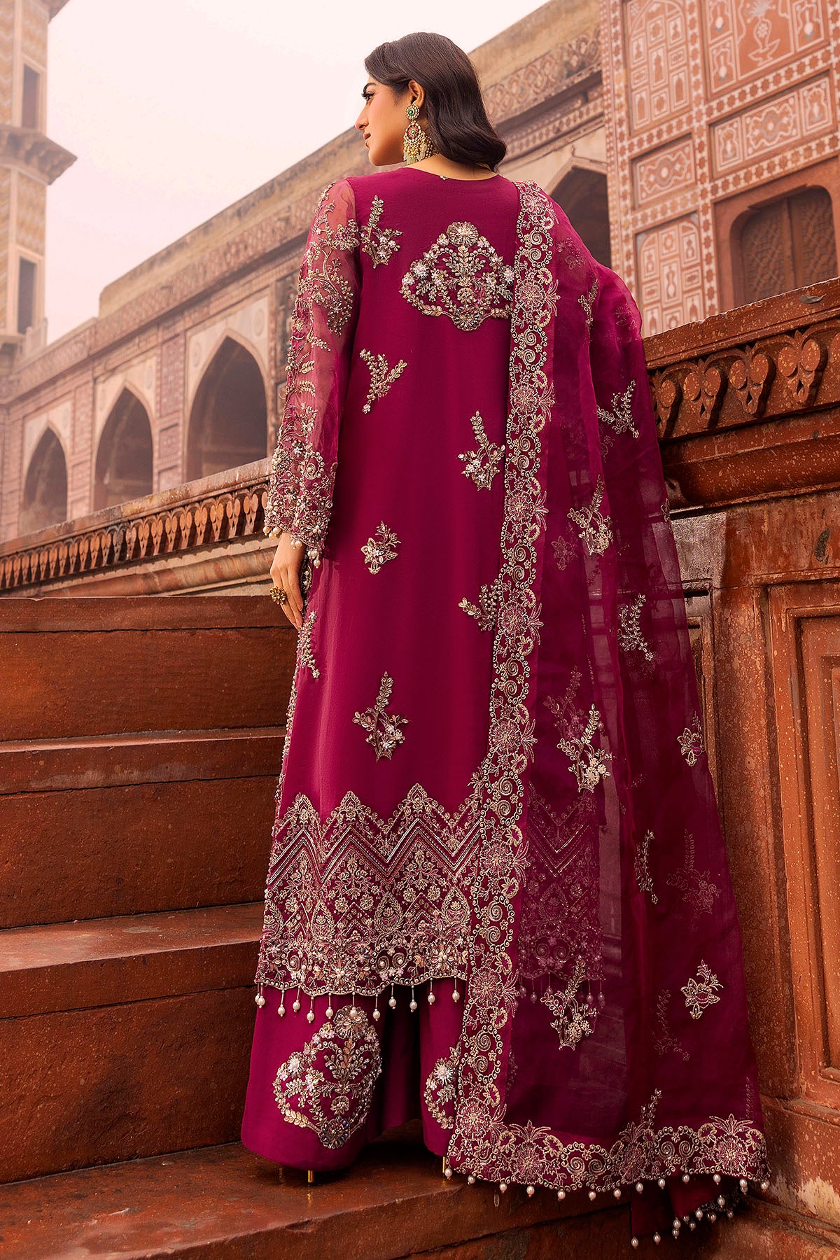 Fuchsia Pink Hand-Embellished Silk Organza Jacket (3-Piece) - Image 5