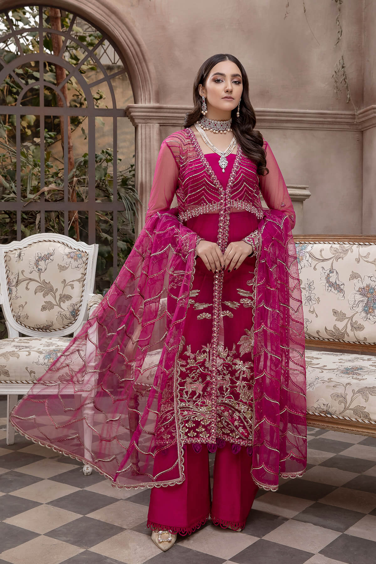 Pakistani Fuchsia Embroidered Net & Silk Salwar Kameez (4-Piece) - Image 1