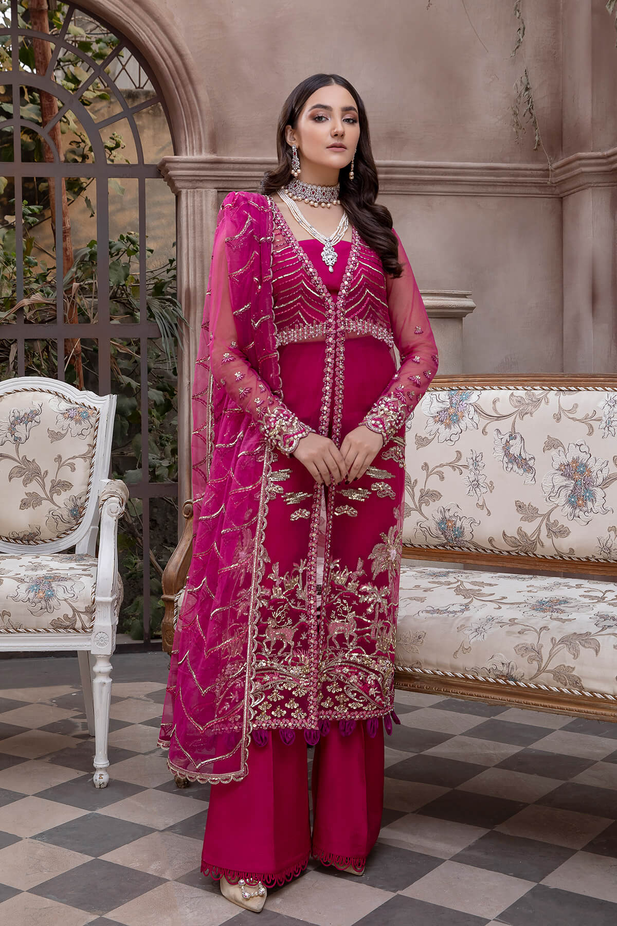 Pakistani Fuchsia Embroidered Net & Silk Salwar Kameez (4-Piece) - Image 2