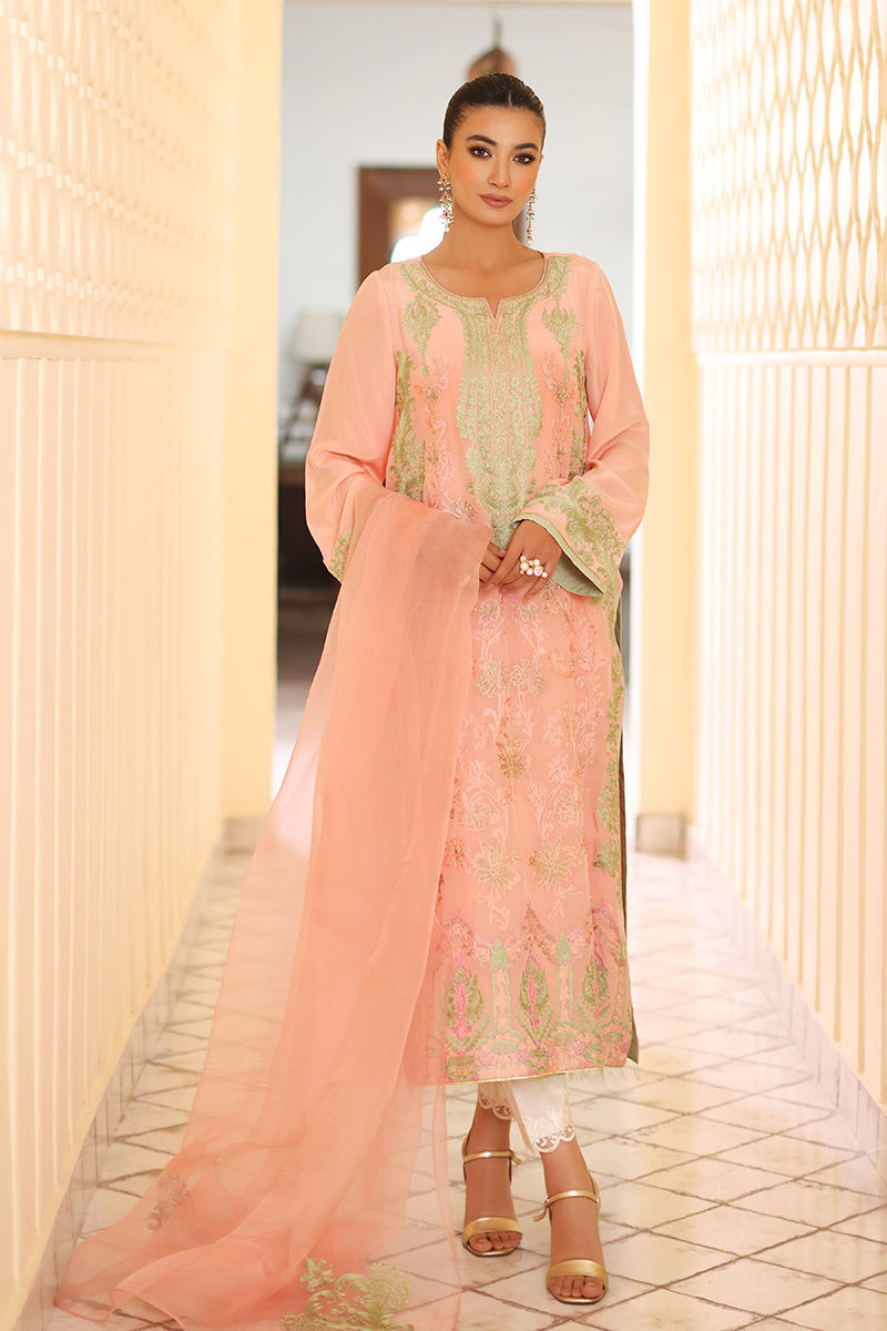 Peach Embroidered Grip Silk Long Shirt (3-Piece) - Image 1