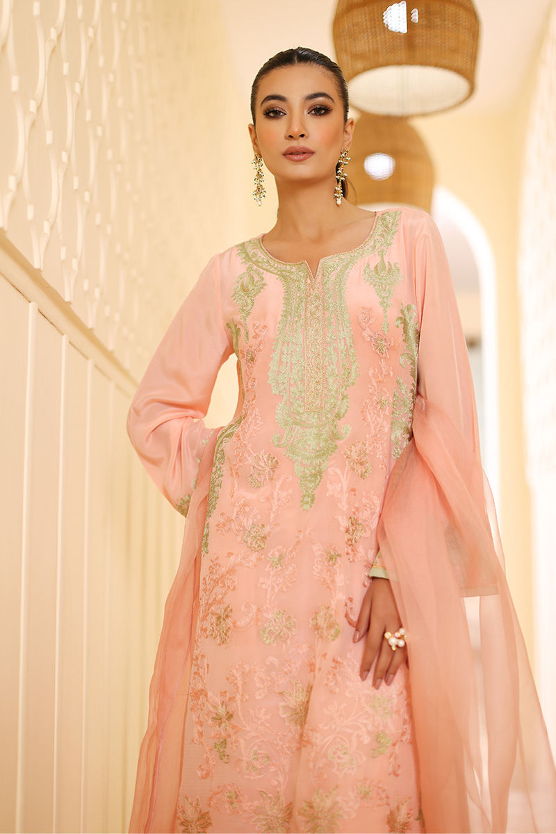 Peach Embroidered Grip Silk Long Shirt (3-Piece) - Image 2