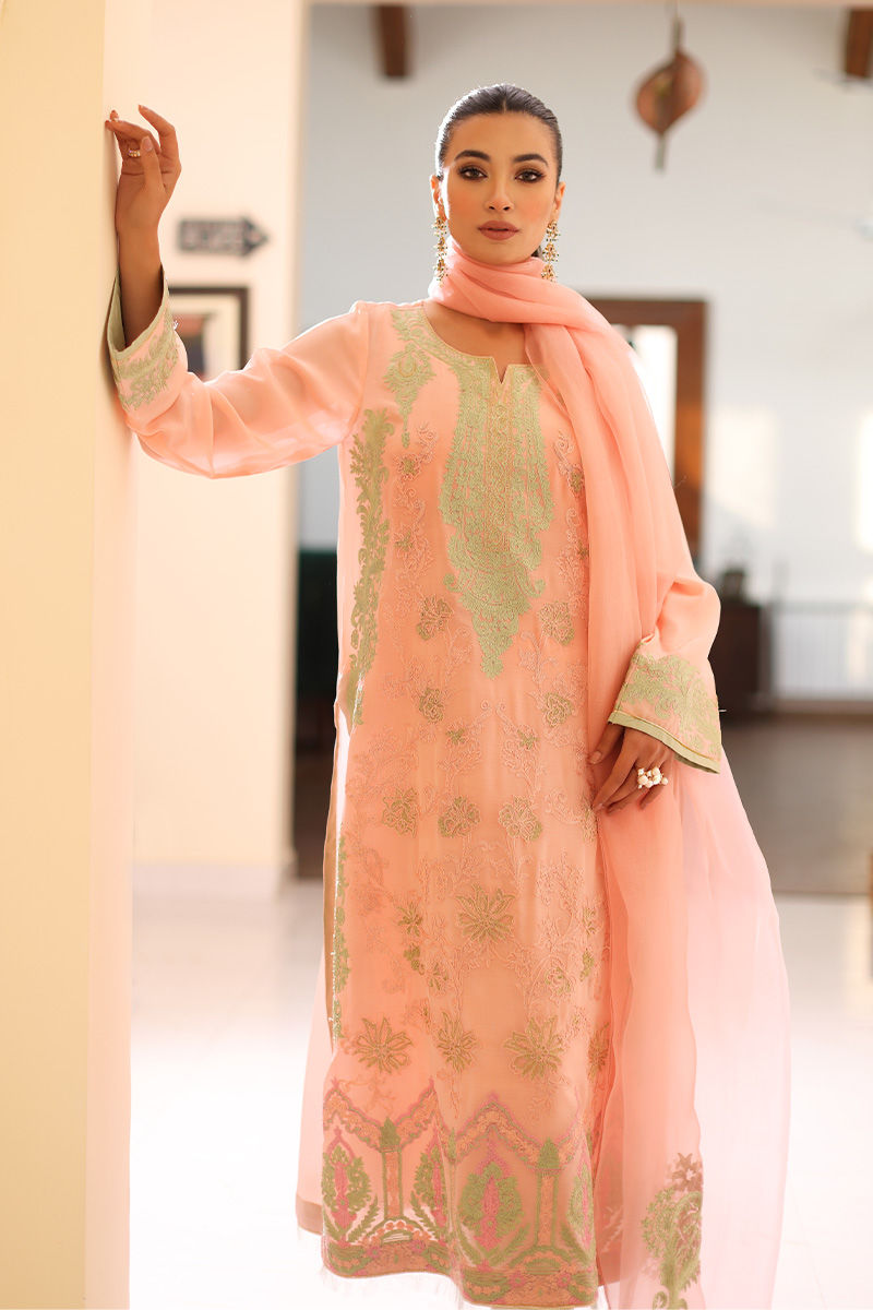 Peach Embroidered Grip Silk Long Shirt (3-Piece) - Image 3