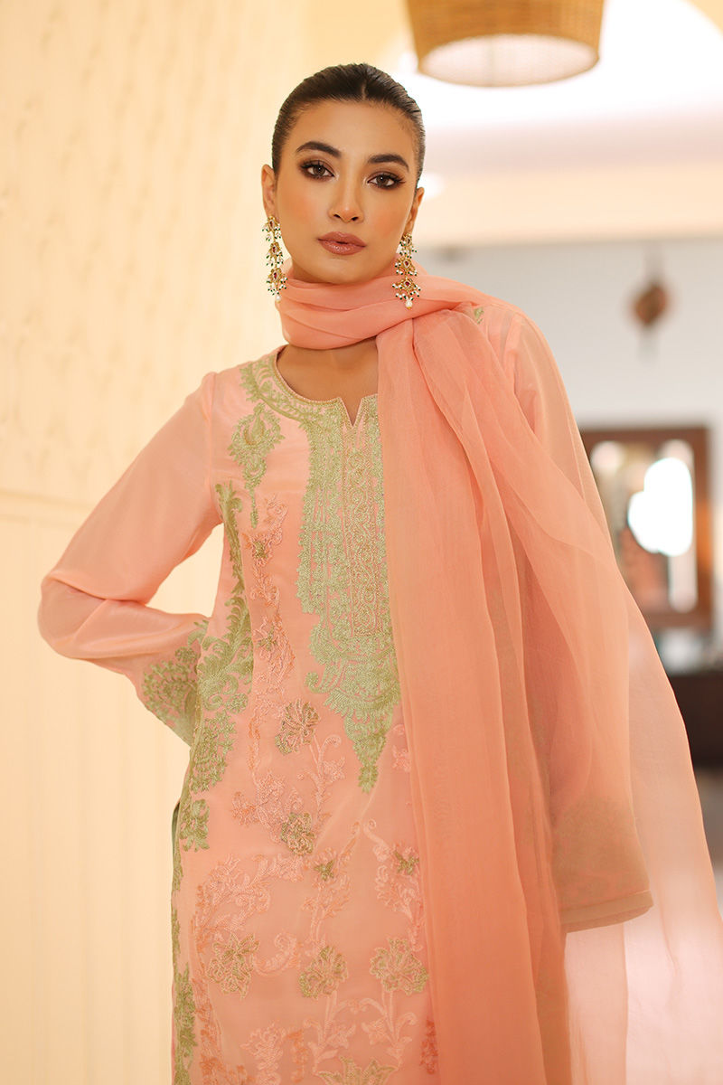Peach Embroidered Grip Silk Long Shirt (3-Piece) - Image 4