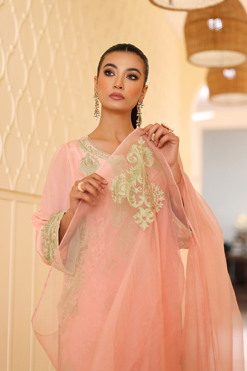 Peach Embroidered Grip Silk Long Shirt (3-Piece) - Image 5