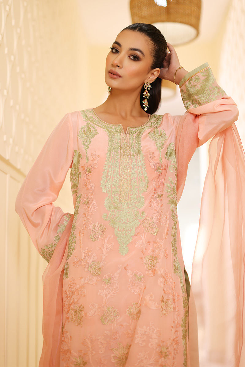 Peach Embroidered Grip Silk Long Shirt (3-Piece) - Image 6