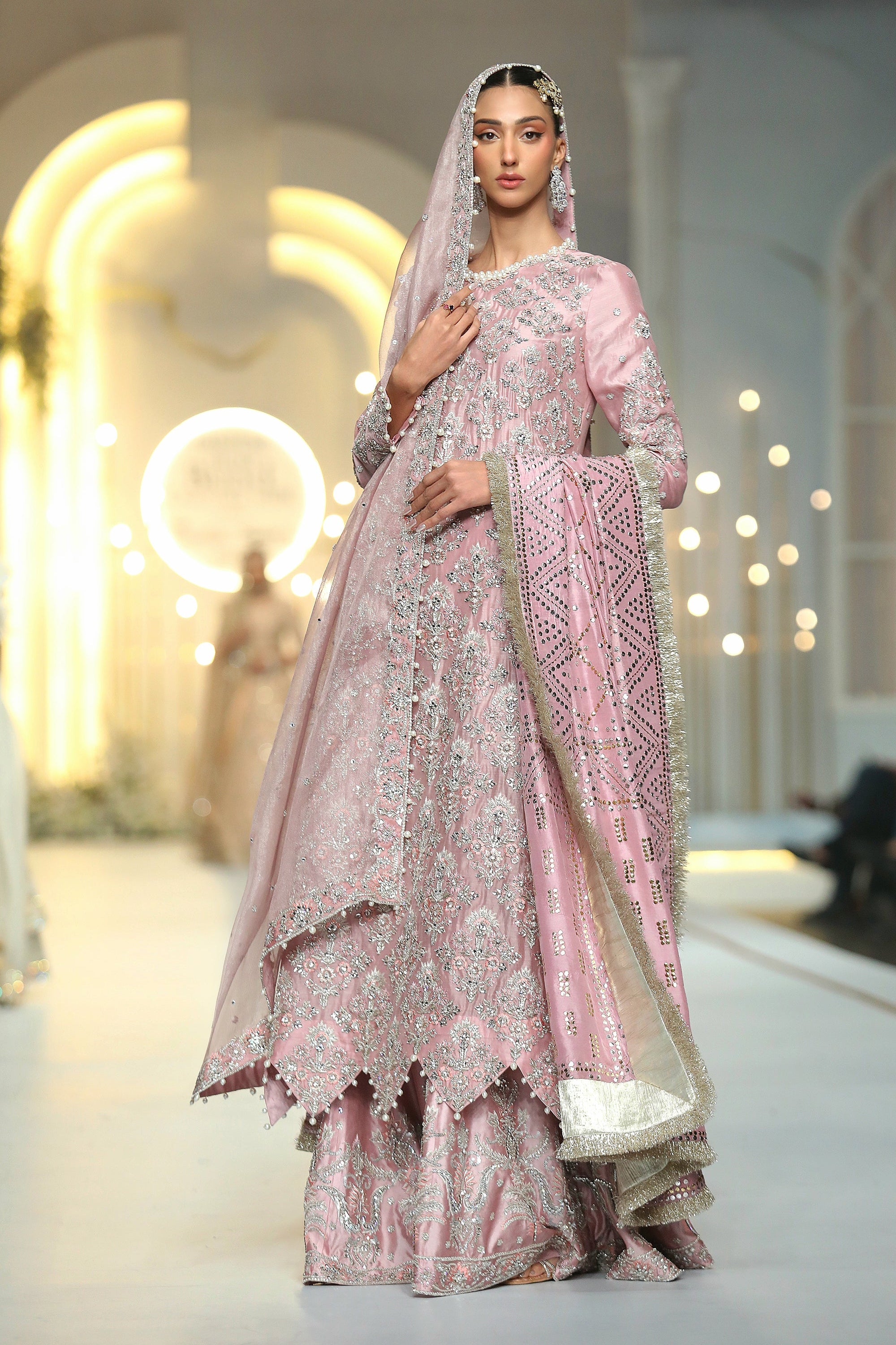 Pakistani Orchid Pink Embellished Silk Tissue Salwar Kameez (3-Piece) - Image 1