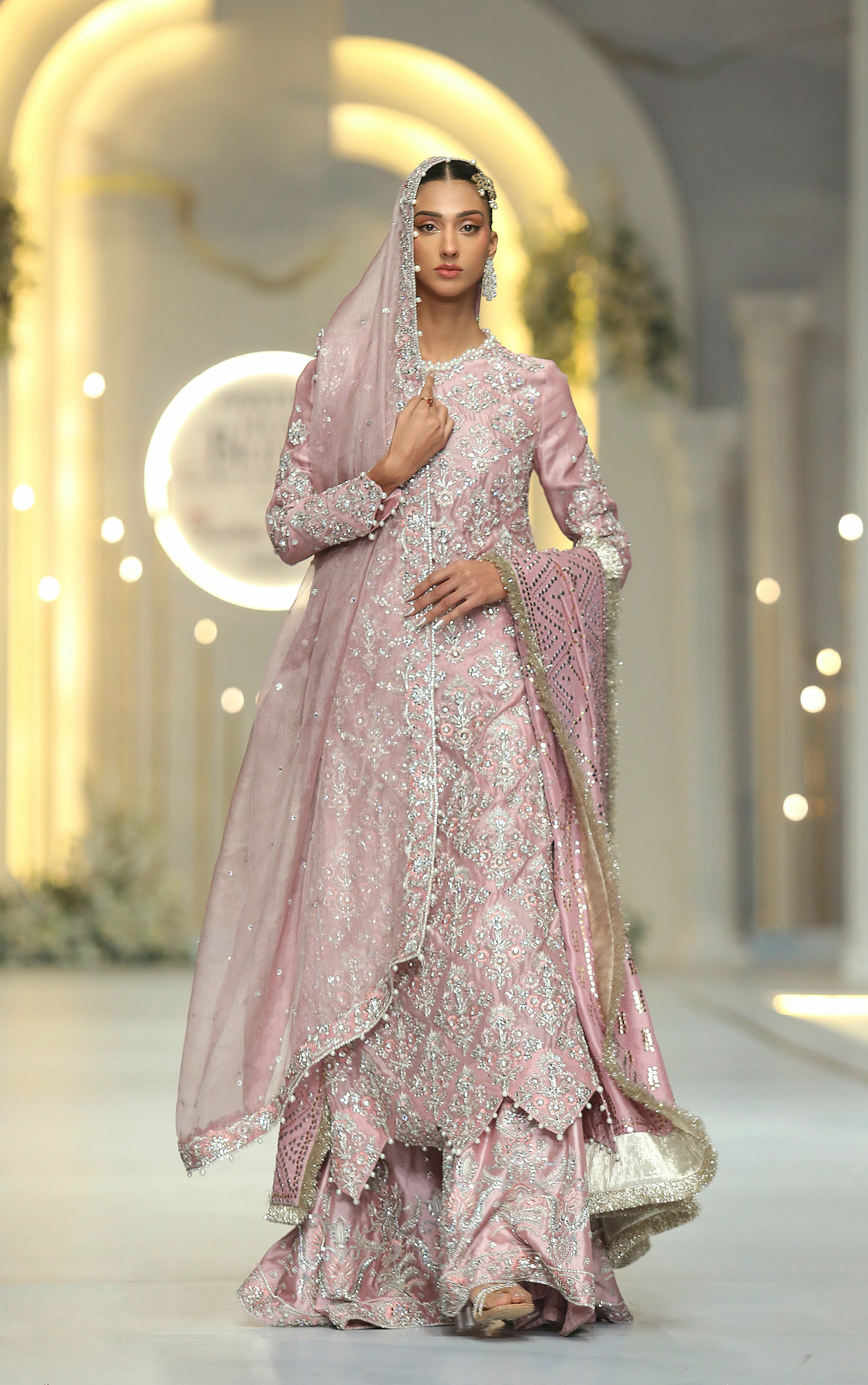 Pakistani Orchid Pink Embellished Silk Tissue Salwar Kameez (3-Piece) - Image 3