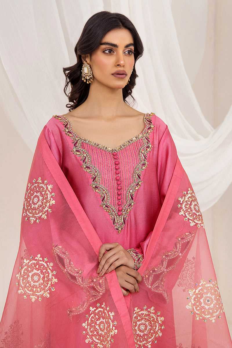 Pakistani Sunset Pink Embroidered Silk Tissue Salwar Kameez (3-Piece) - Image 1