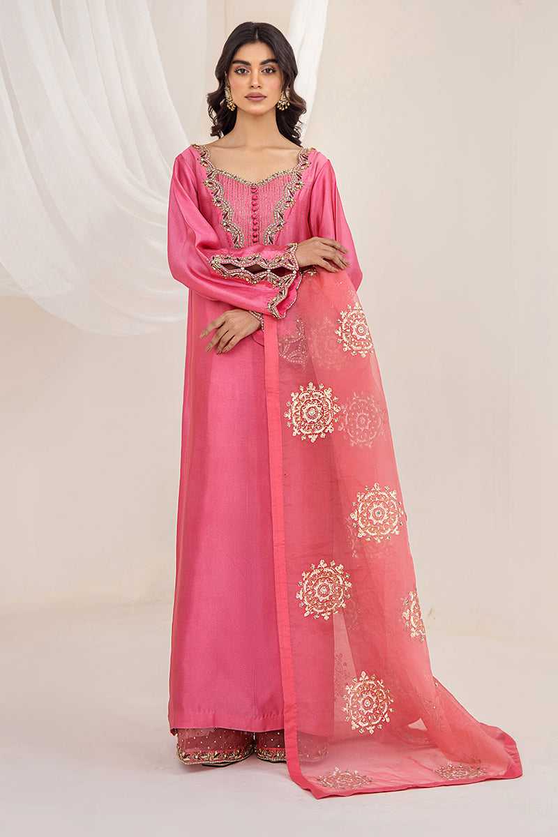 Pakistani Sunset Pink Embroidered Silk Tissue Salwar Kameez (3-Piece) - Image 2