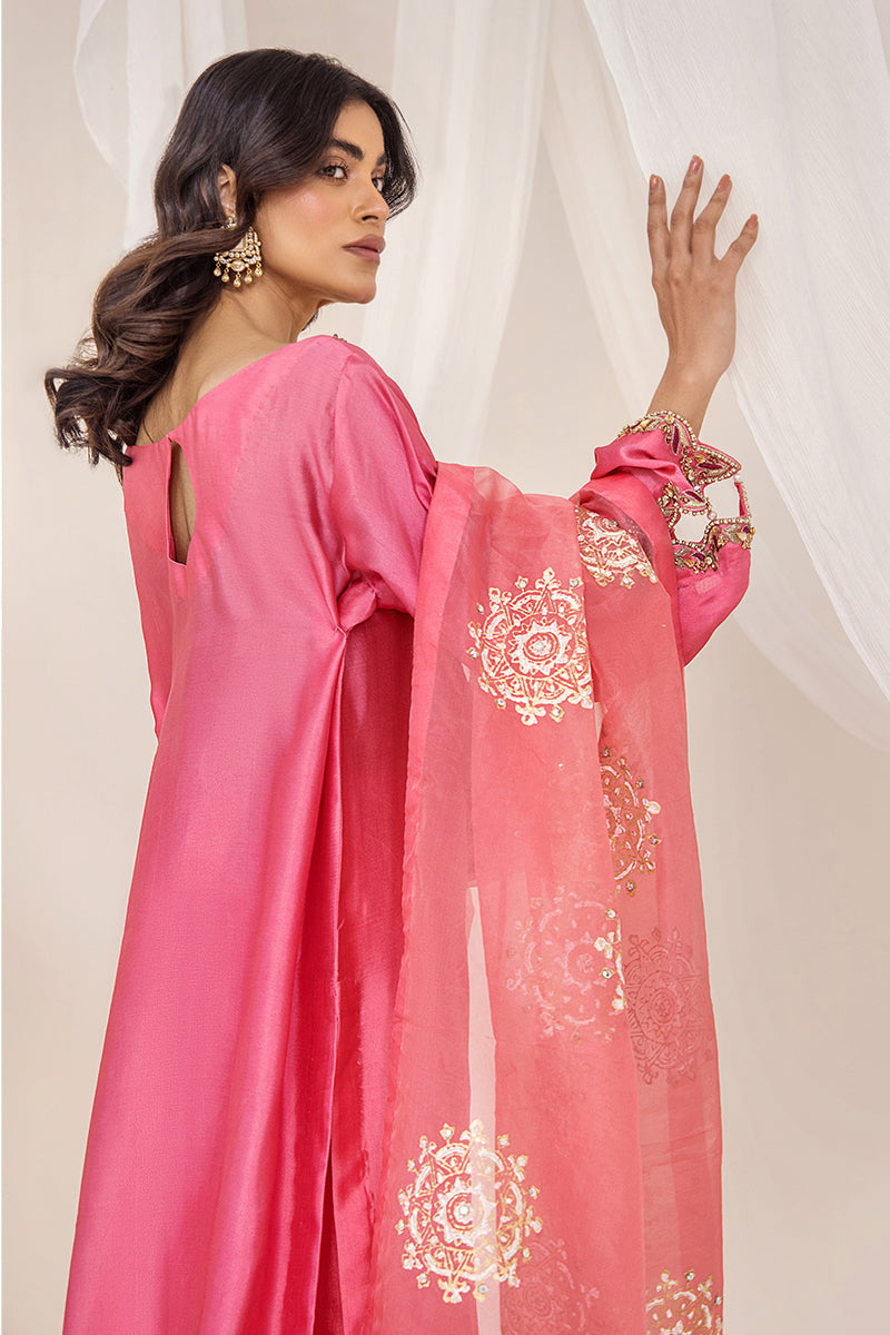 Pakistani Sunset Pink Embroidered Silk Tissue Salwar Kameez (3-Piece) - Image 3