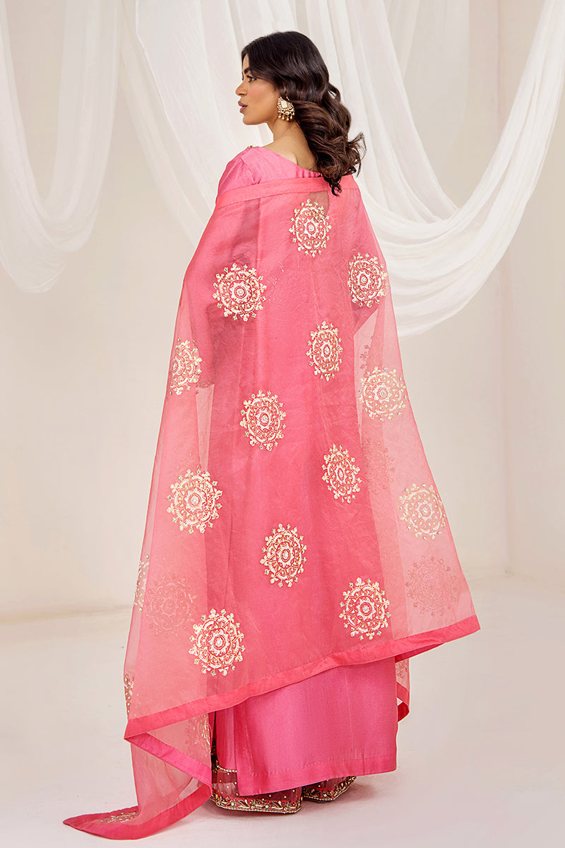 Pakistani Sunset Pink Embroidered Silk Tissue Salwar Kameez (3-Piece) - Image 4