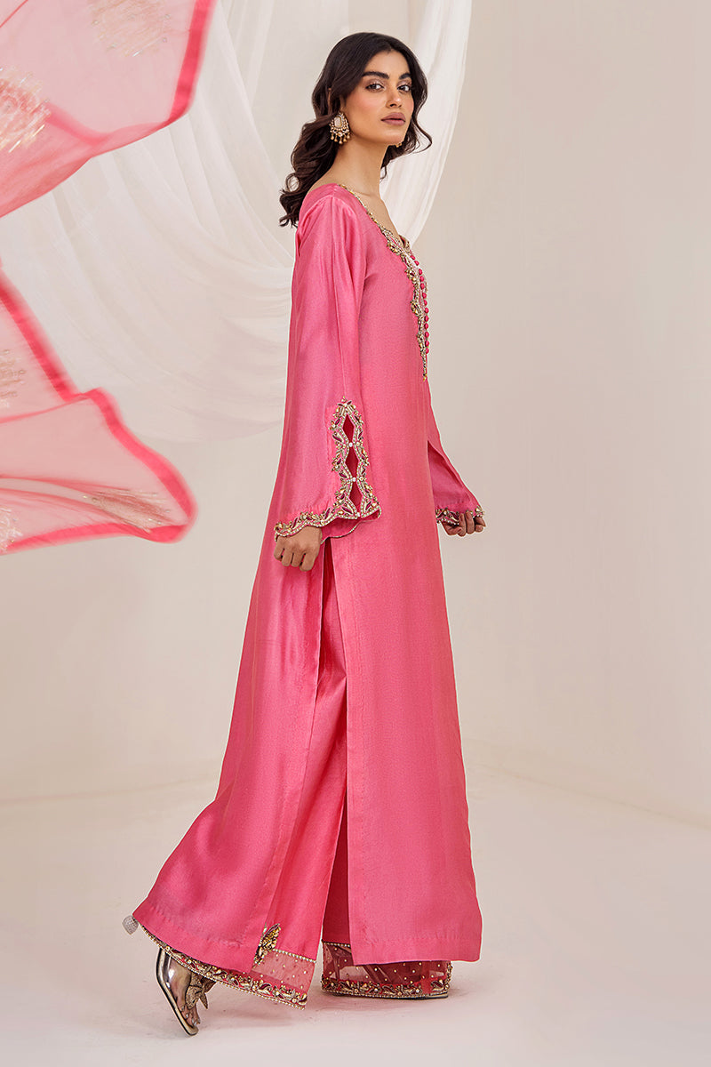 Pakistani Sunset Pink Embroidered Silk Tissue Salwar Kameez (3-Piece) - Image 5